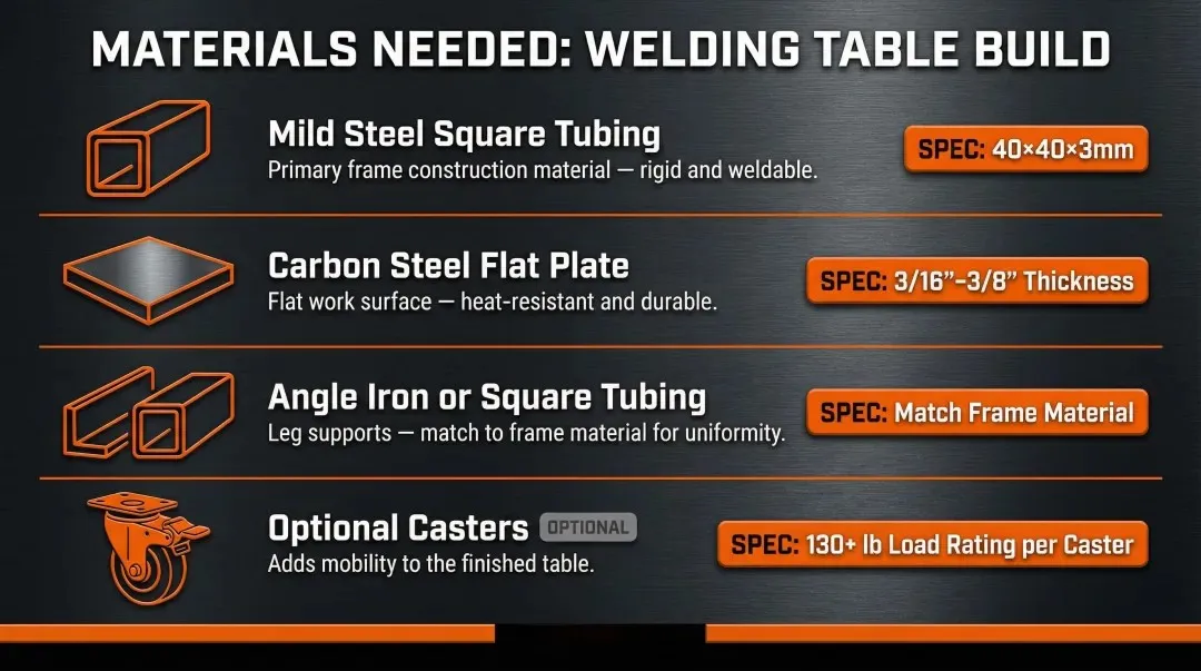 Essential welding table build materials list with specifications and use cases