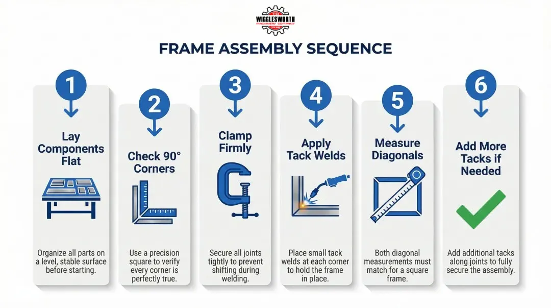 6-step welding table frame assembly and squaring process flow infographic