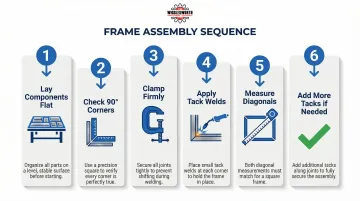 6-step welding table frame assembly and squaring process flow infographic