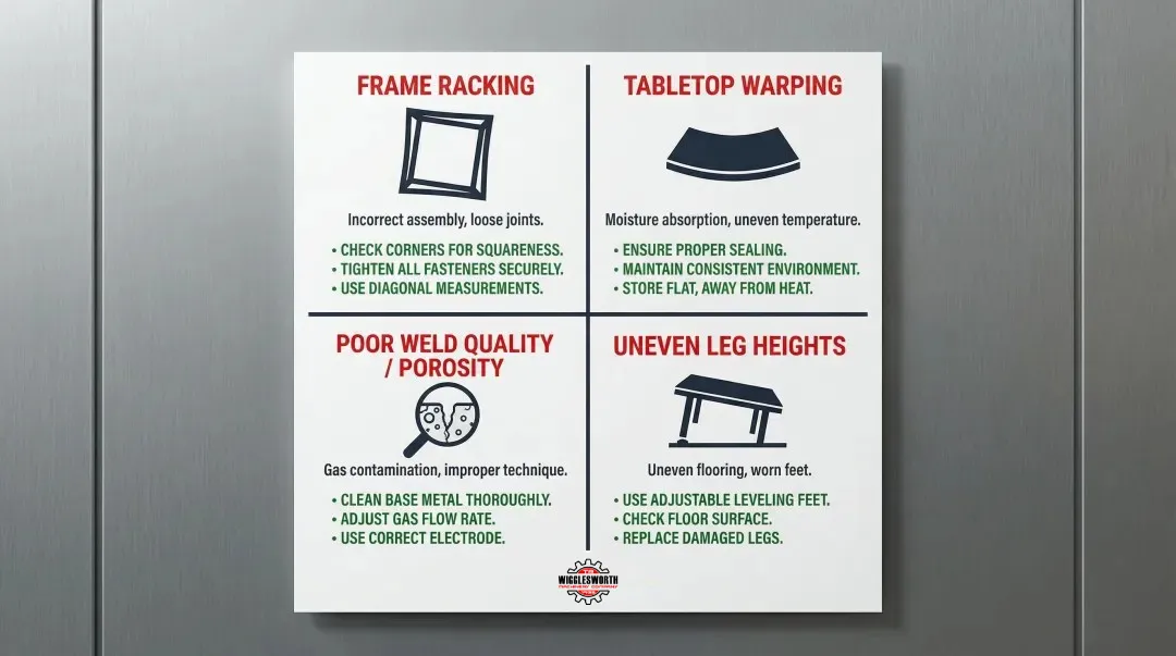 Welding table common build problems troubleshooting guide with fixes infographic