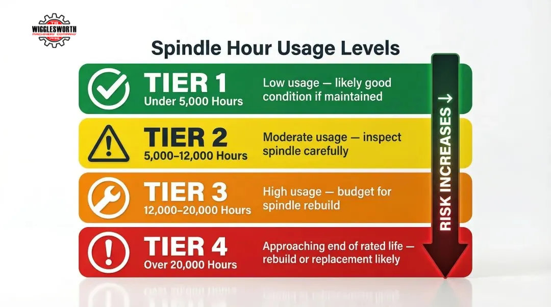 CNC lathe spindle hour usage tiers from low to end-of-life range