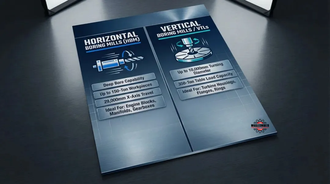 Horizontal versus vertical boring mill comparison showing key capabilities and workpiece types