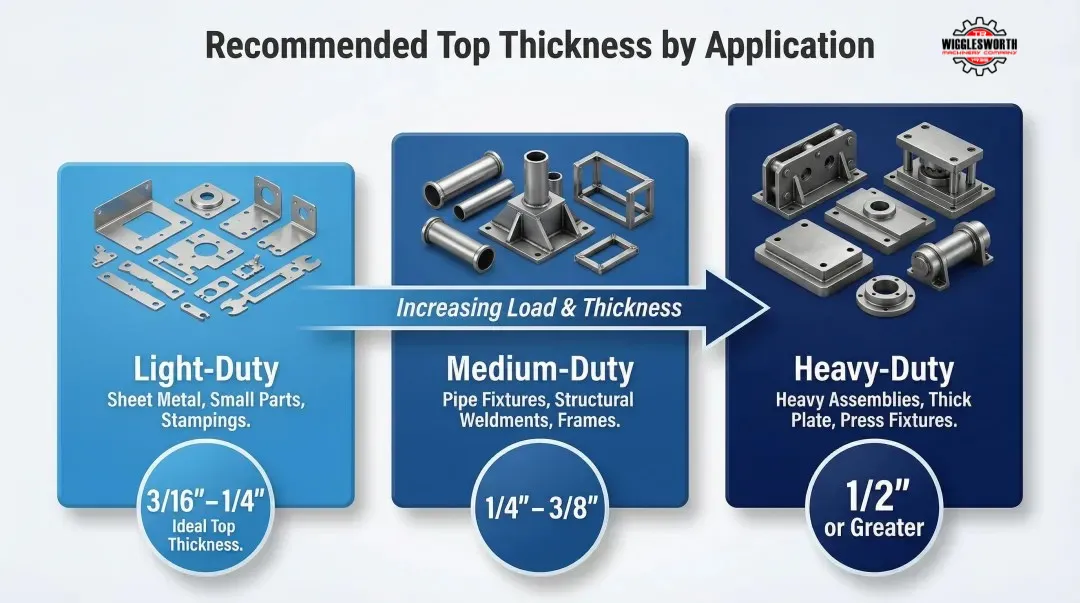 Welding table top thickness guide by application and workpiece weight
