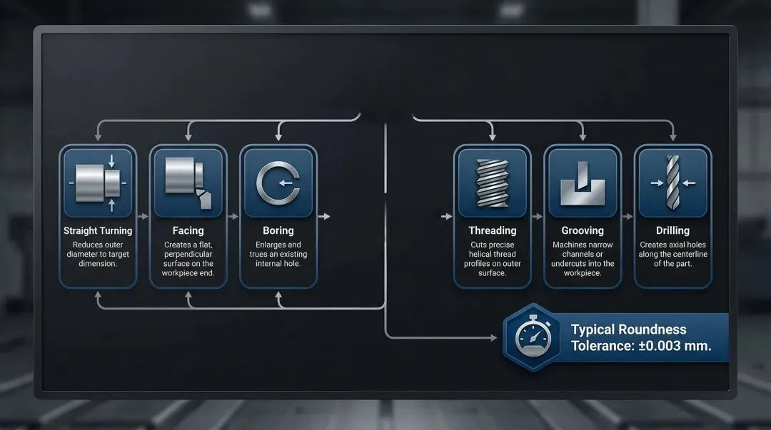 CNC turning core operations process diagram with six machining steps
