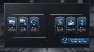 CNC turning core operations process diagram with six machining steps