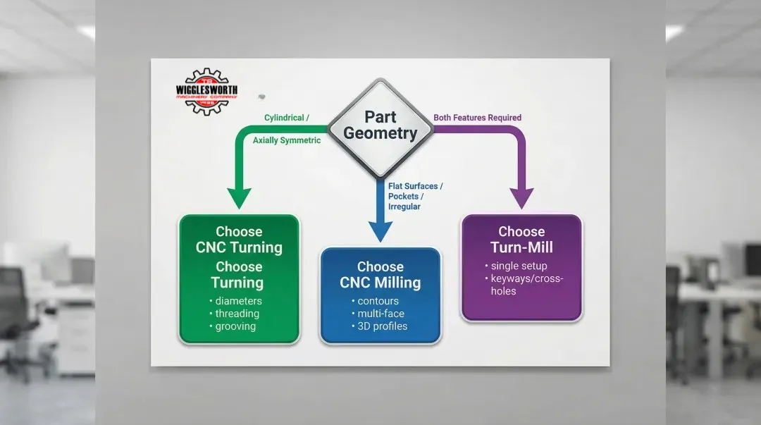 CNC turning versus milling versus turn-mill decision framework flowchart by geometry