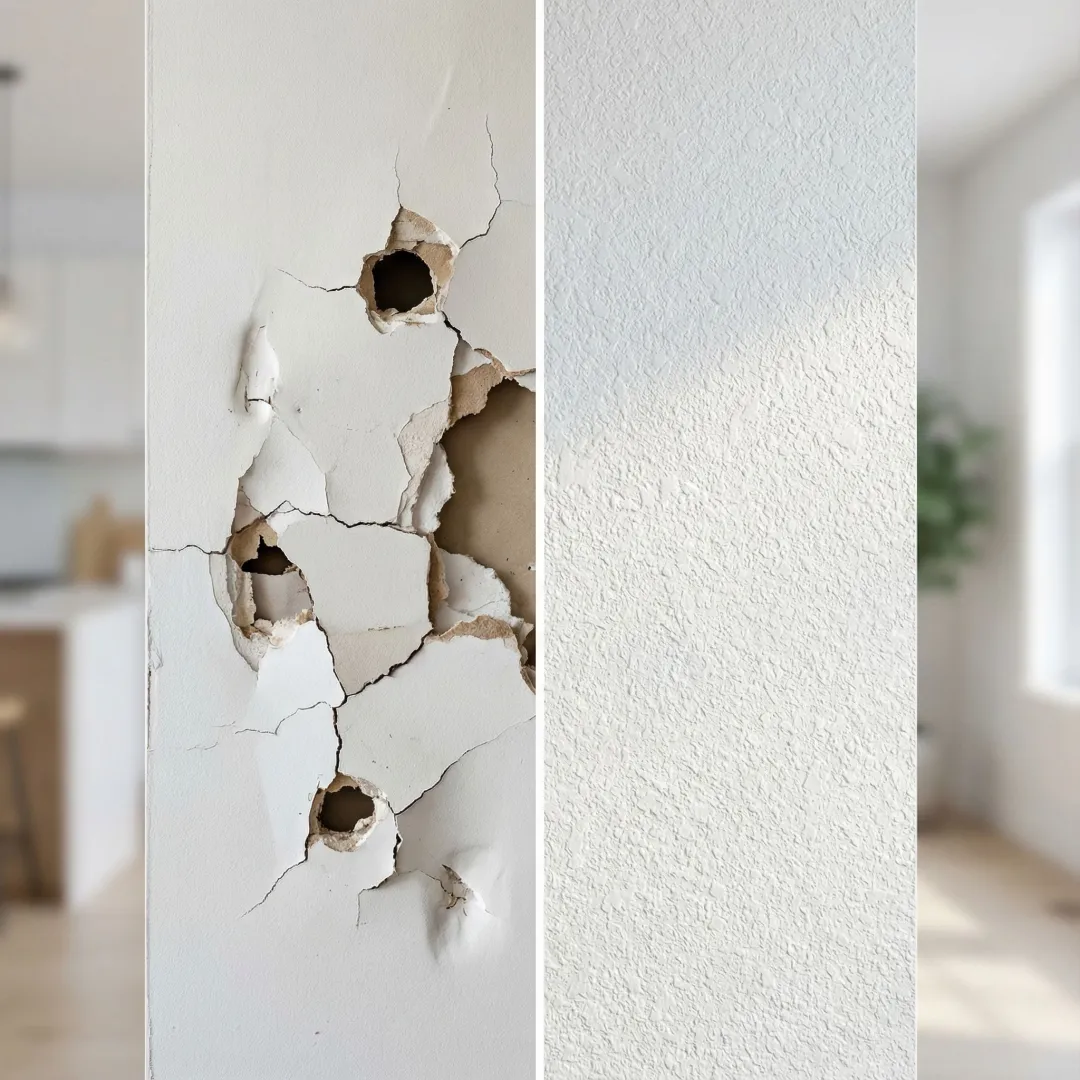 Before and after comparison of DIY knockdown texture wall repair
