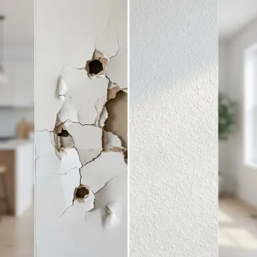 Before and after comparison of DIY knockdown texture wall repair