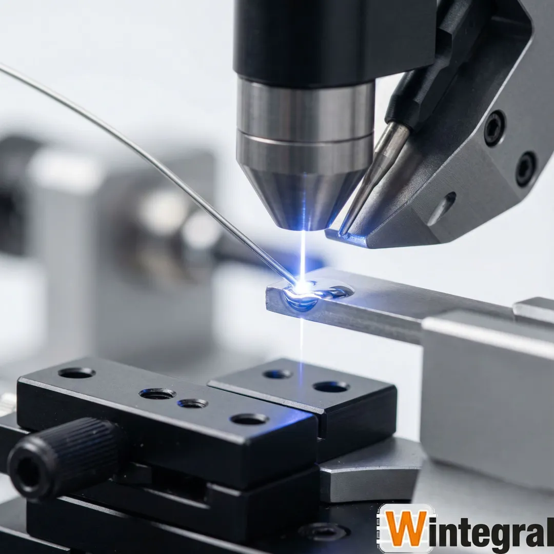 Close-up of magnesium aluminum laser welding wire being used in precision micro-welding operation