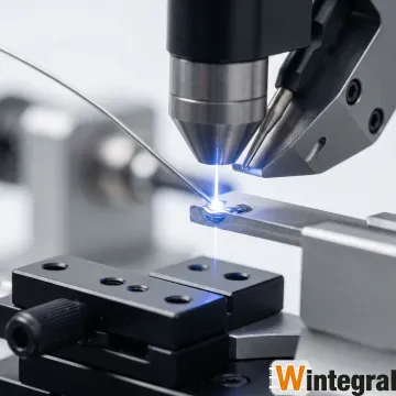 Close-up of magnesium aluminum laser welding wire being used in precision micro-welding operation