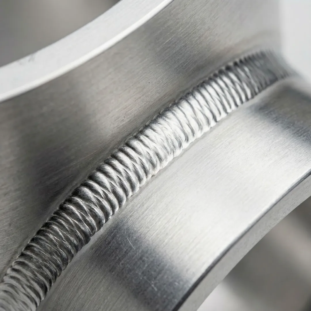 Close-up of precision aluminum TIG weld showing clean bead and minimal heat affected zone