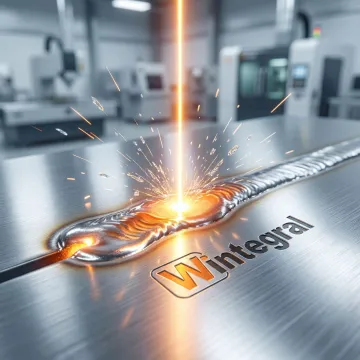 Close-up of precision laser welding process on metal component with visible weld bead