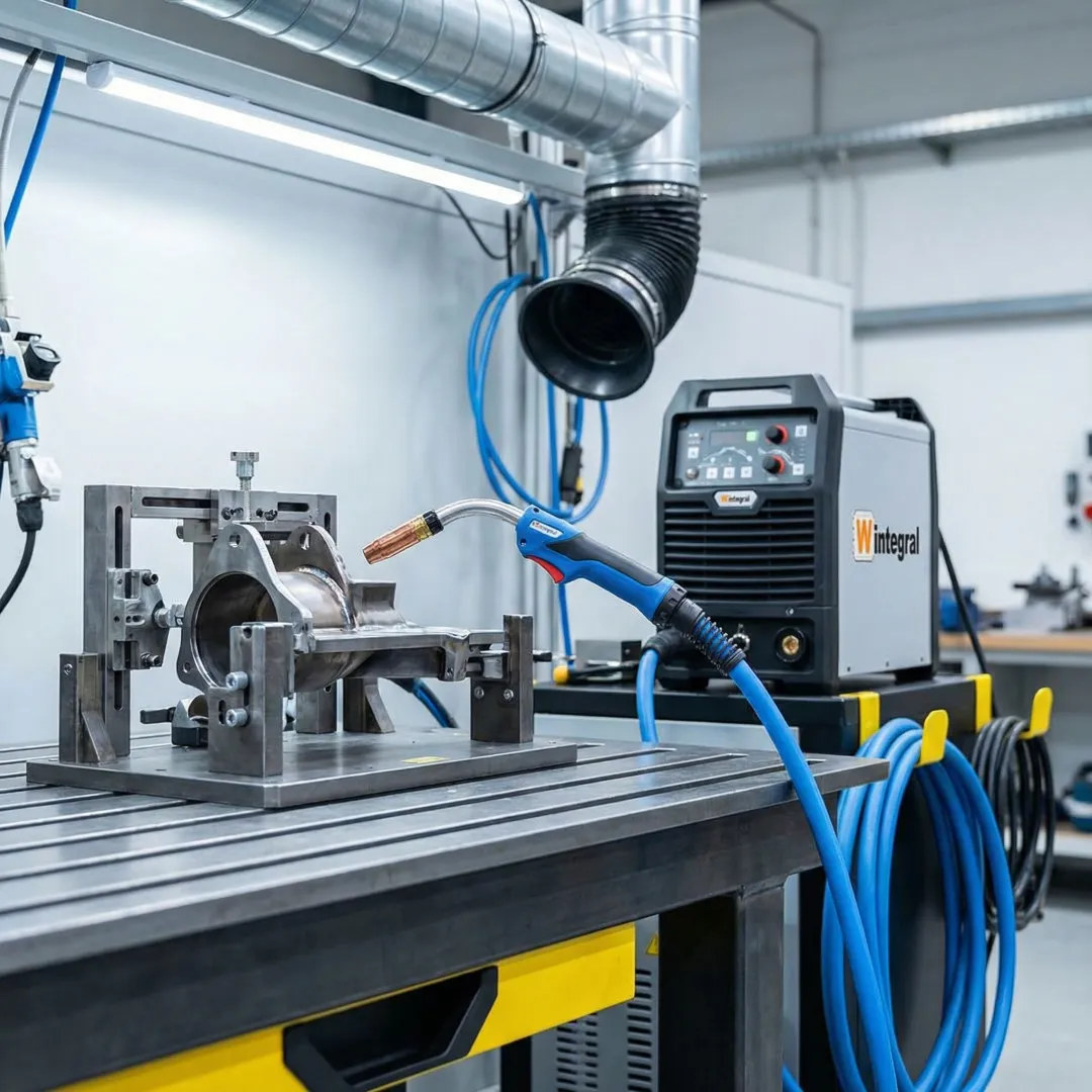 Precision arc welding process showing component setup and welding equipment