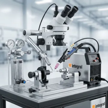 Micro TIG welding workstation with precision fixtures and magnification equipment