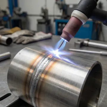 Close-up of precision TIG welding process on industrial steel component with controlled weld bead