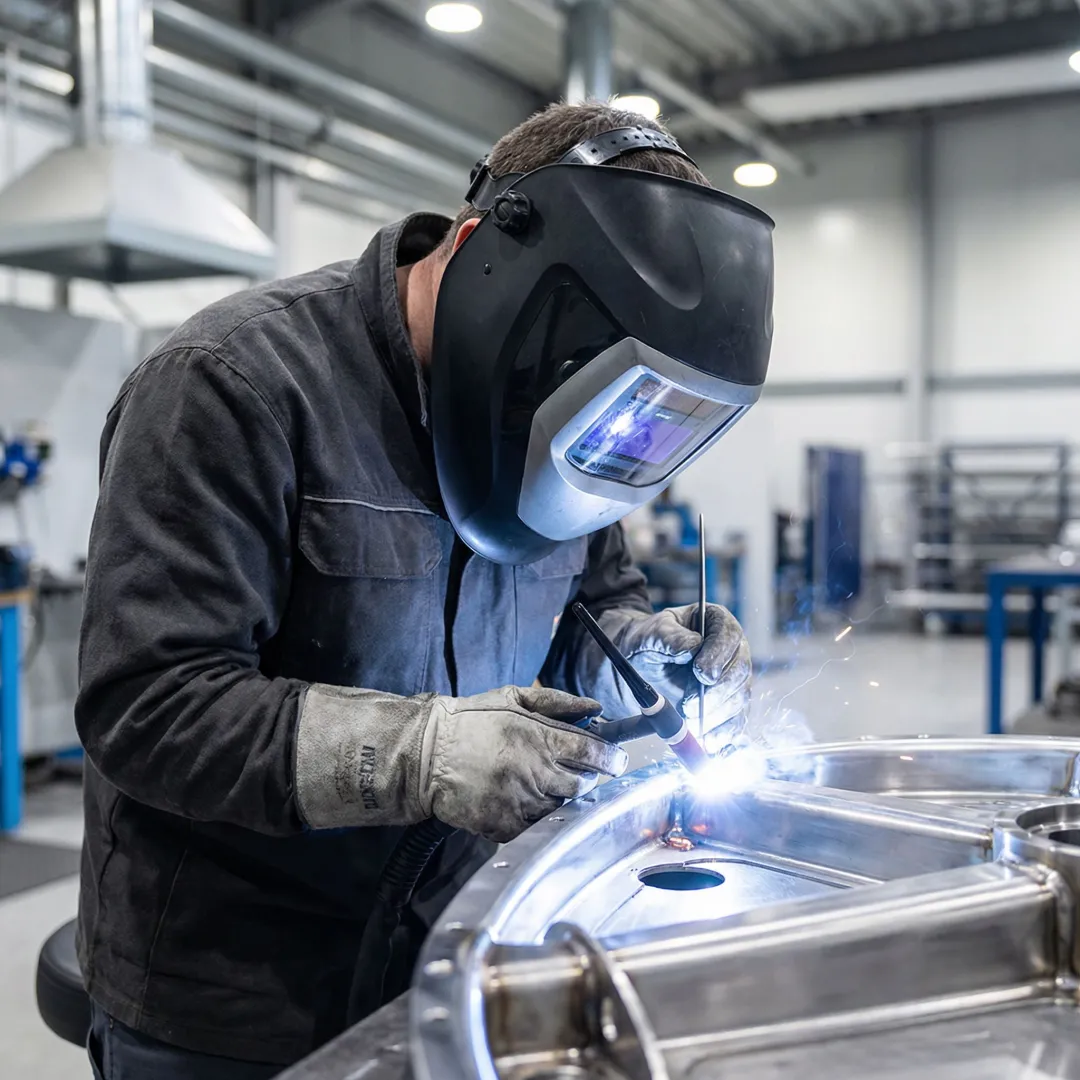 AWS-certified welder performing precision TIG welding on aerospace component