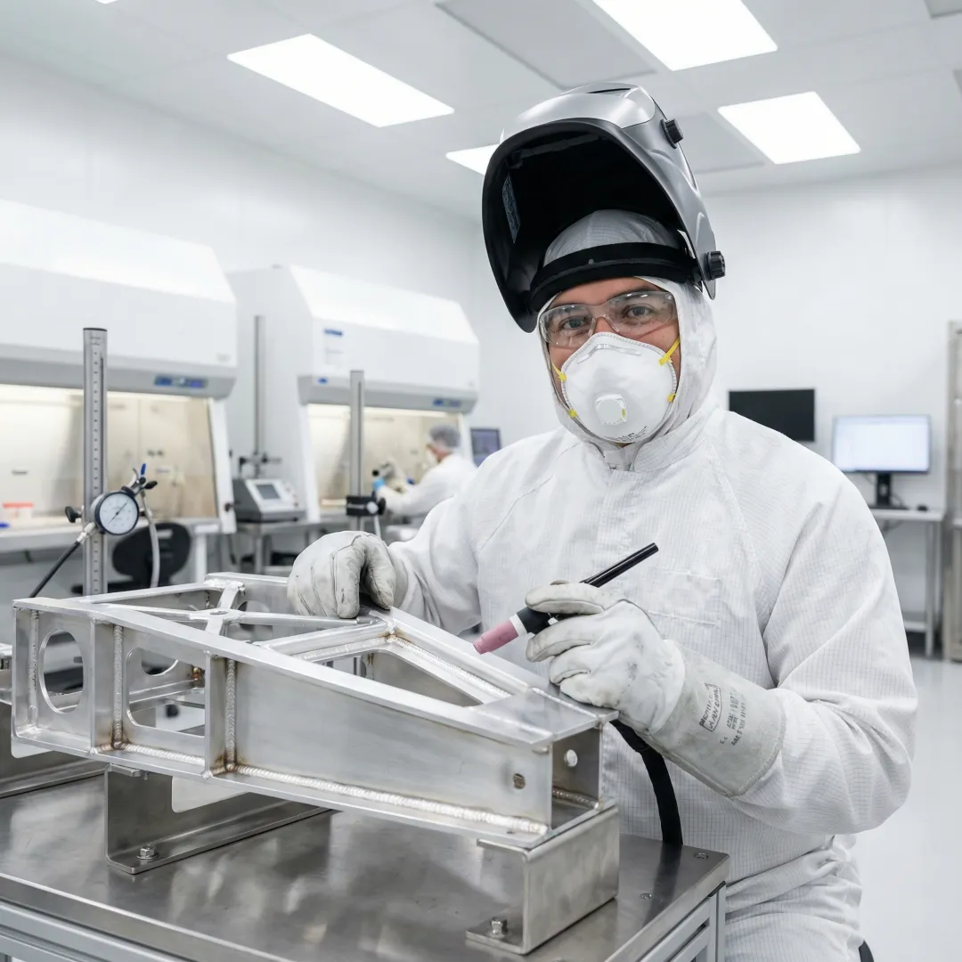 Certified welder performing precision TIG welding on aerospace structural components in controlled environment