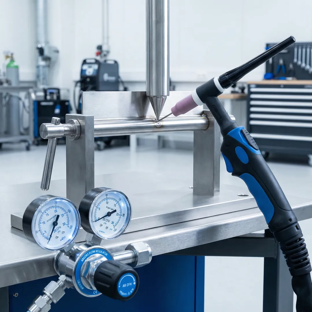 Industrial stainless steel welding setup with precision TIG torch and gas flow controls