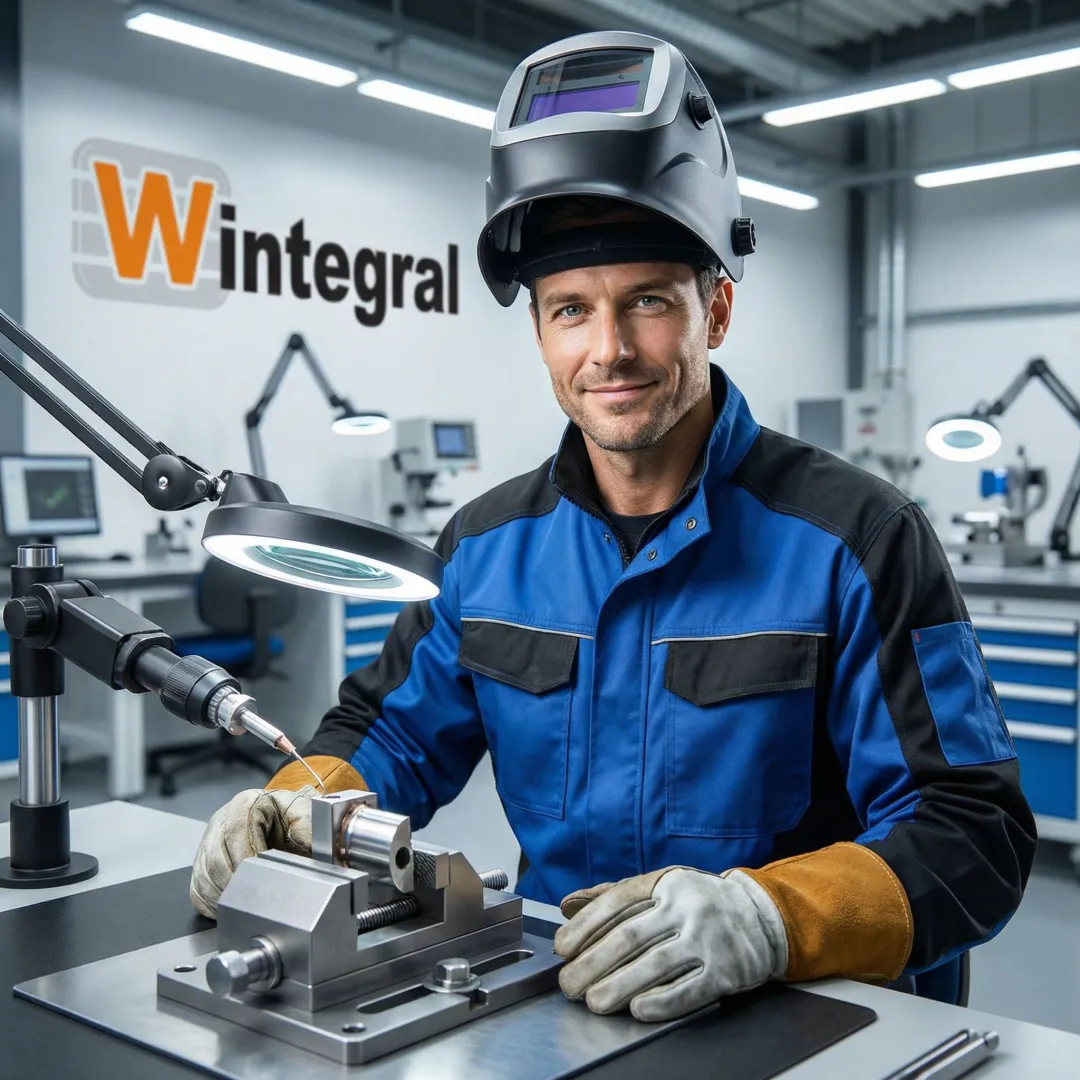 Precision welding technician operating advanced micro-welding equipment for industrial component repair