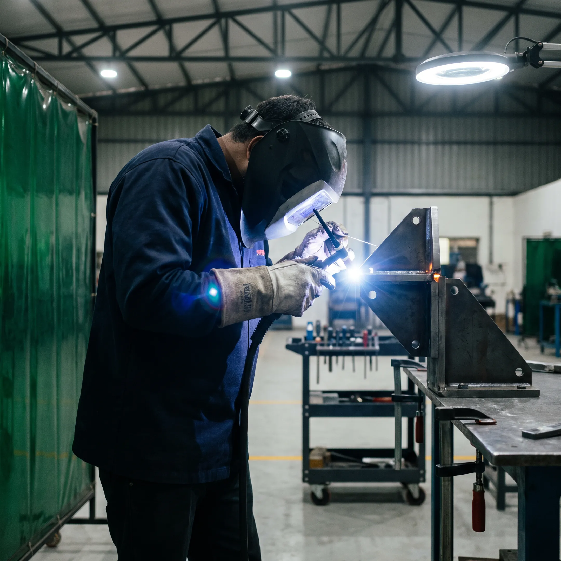 Technician precision welding an armoured vehicle component