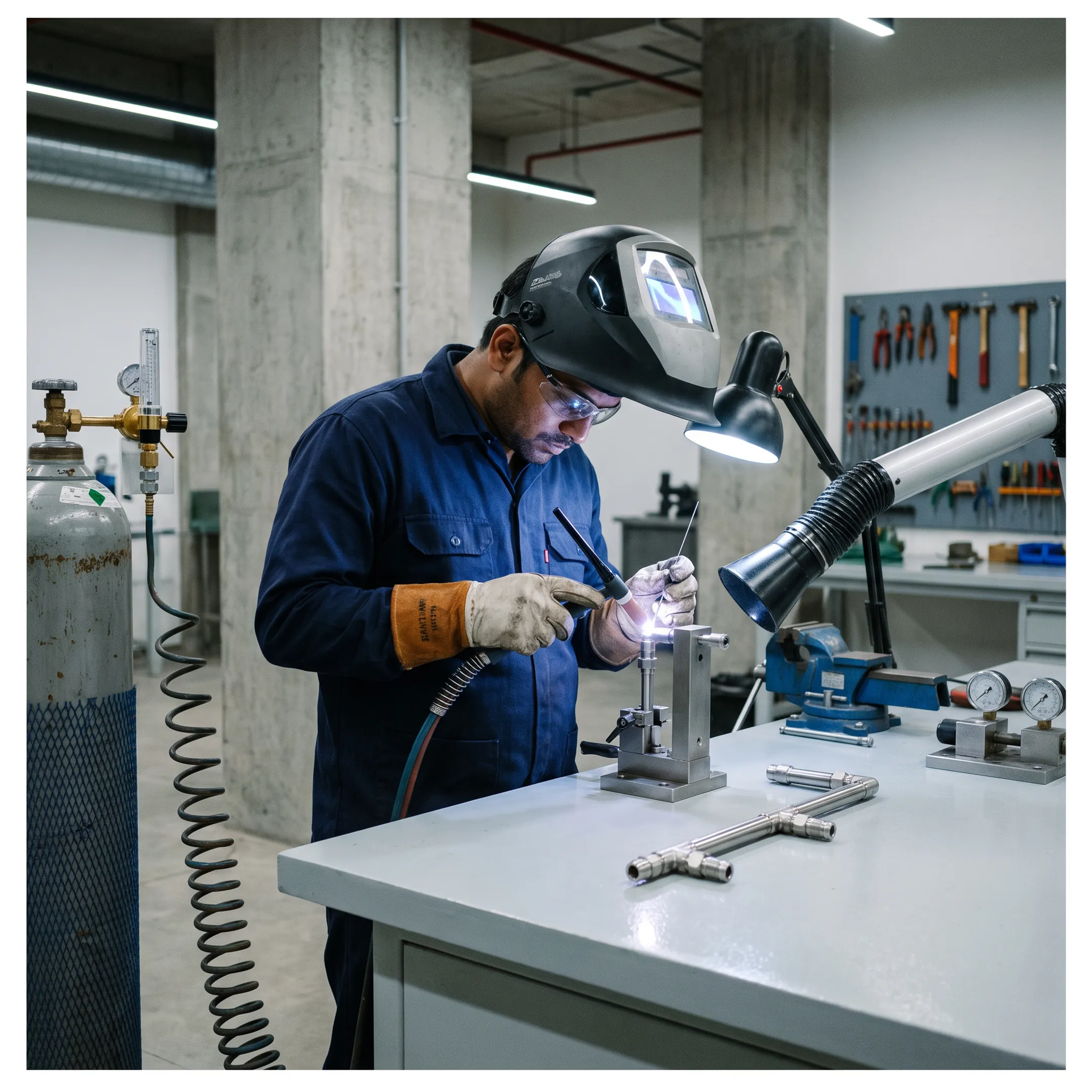 Technician TIG welding an aerospace tube assembly
