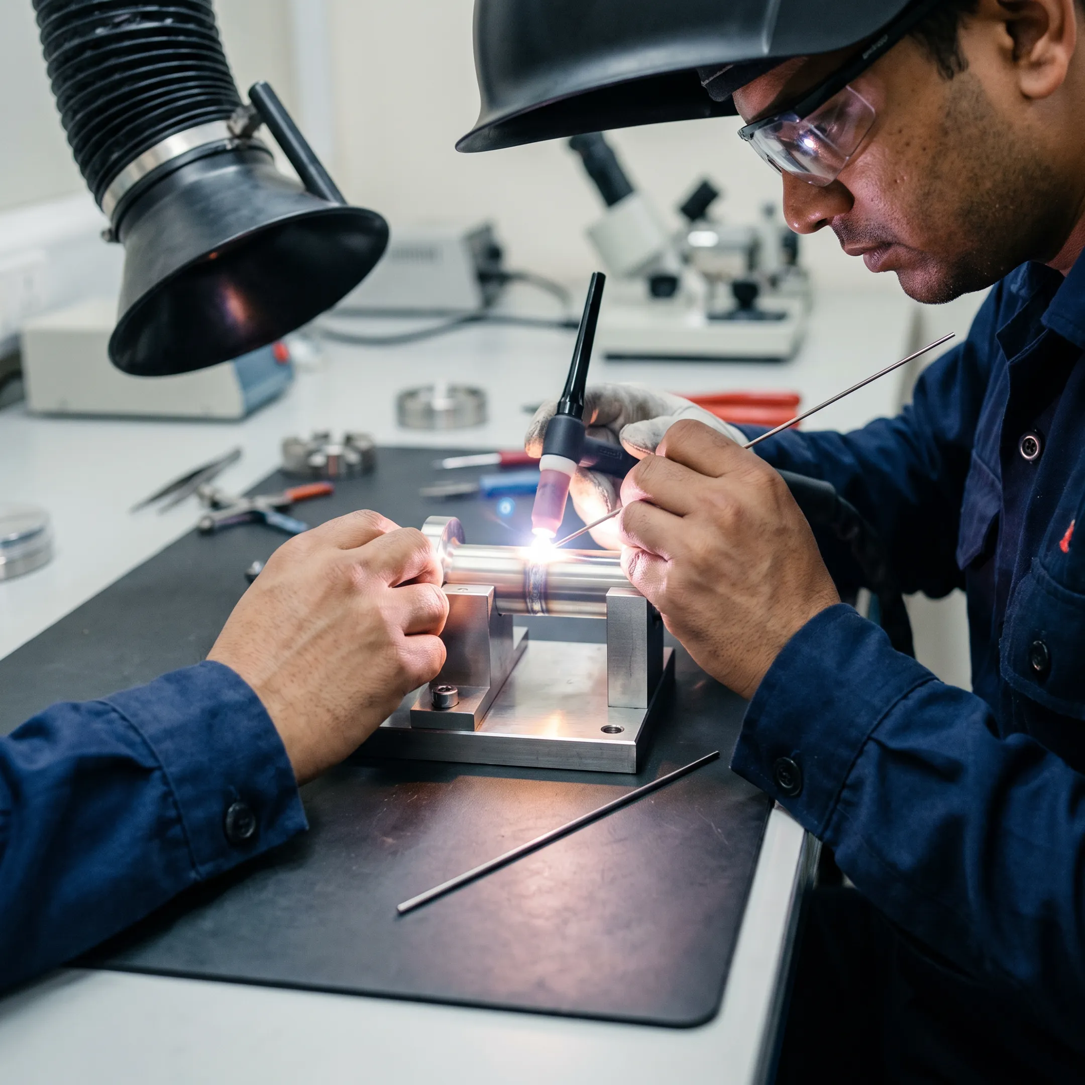 Close-up of TIG welding on precision tubing