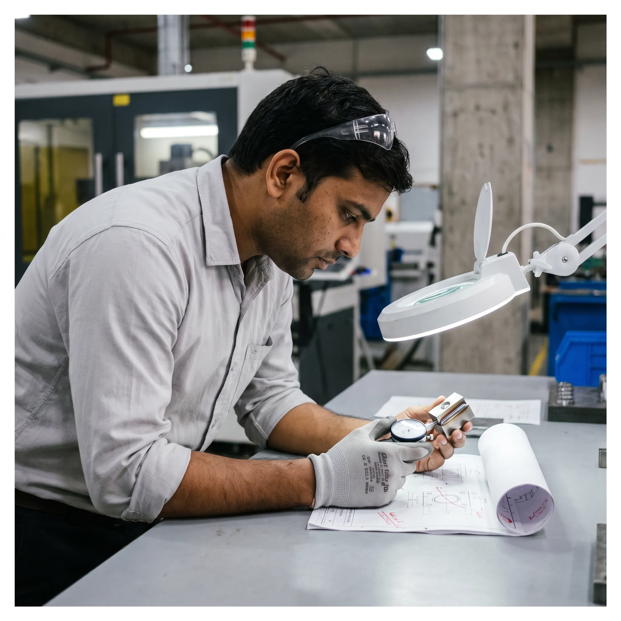 Engineer inspecting a precision welded assembly