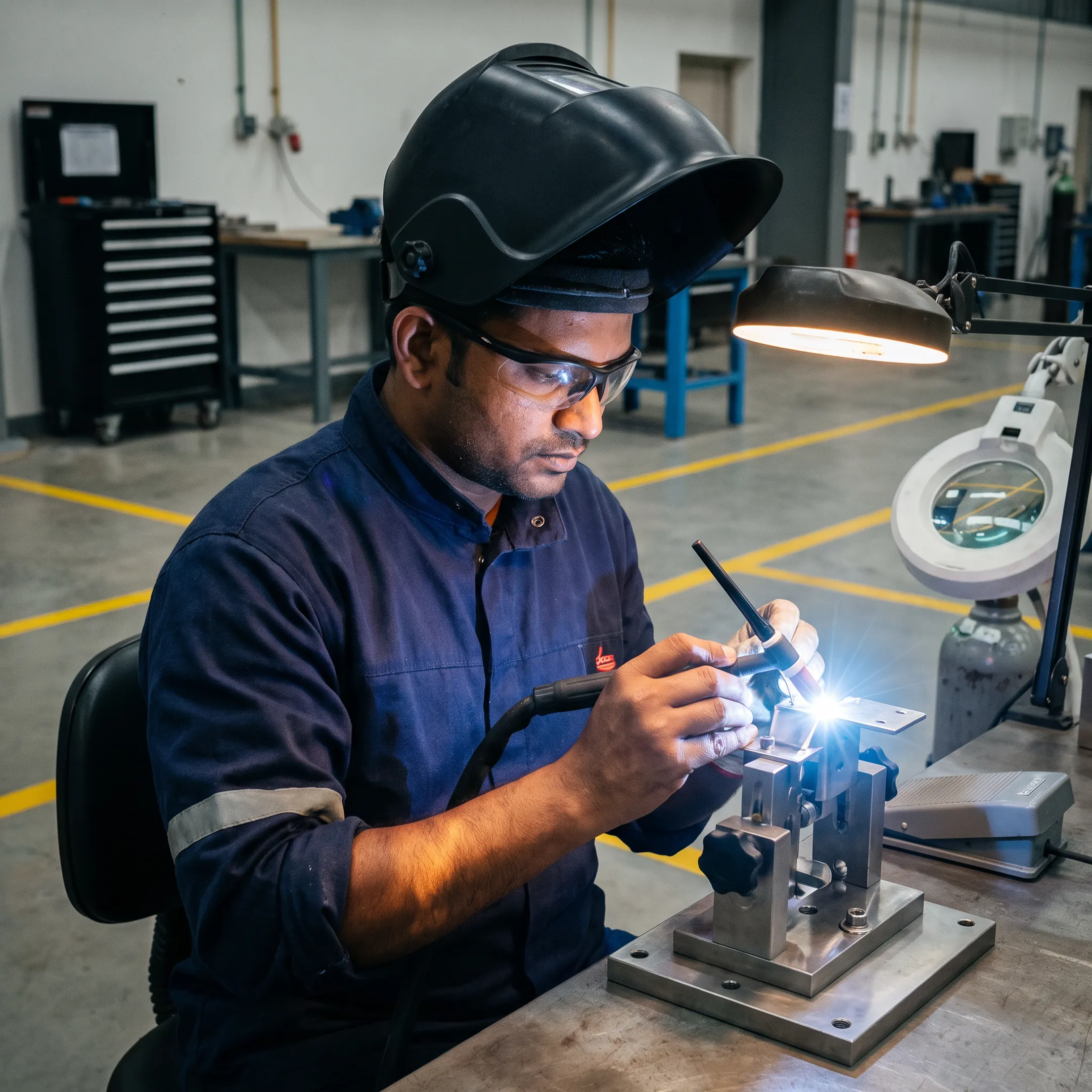 Technician TIG welding a marine defence component