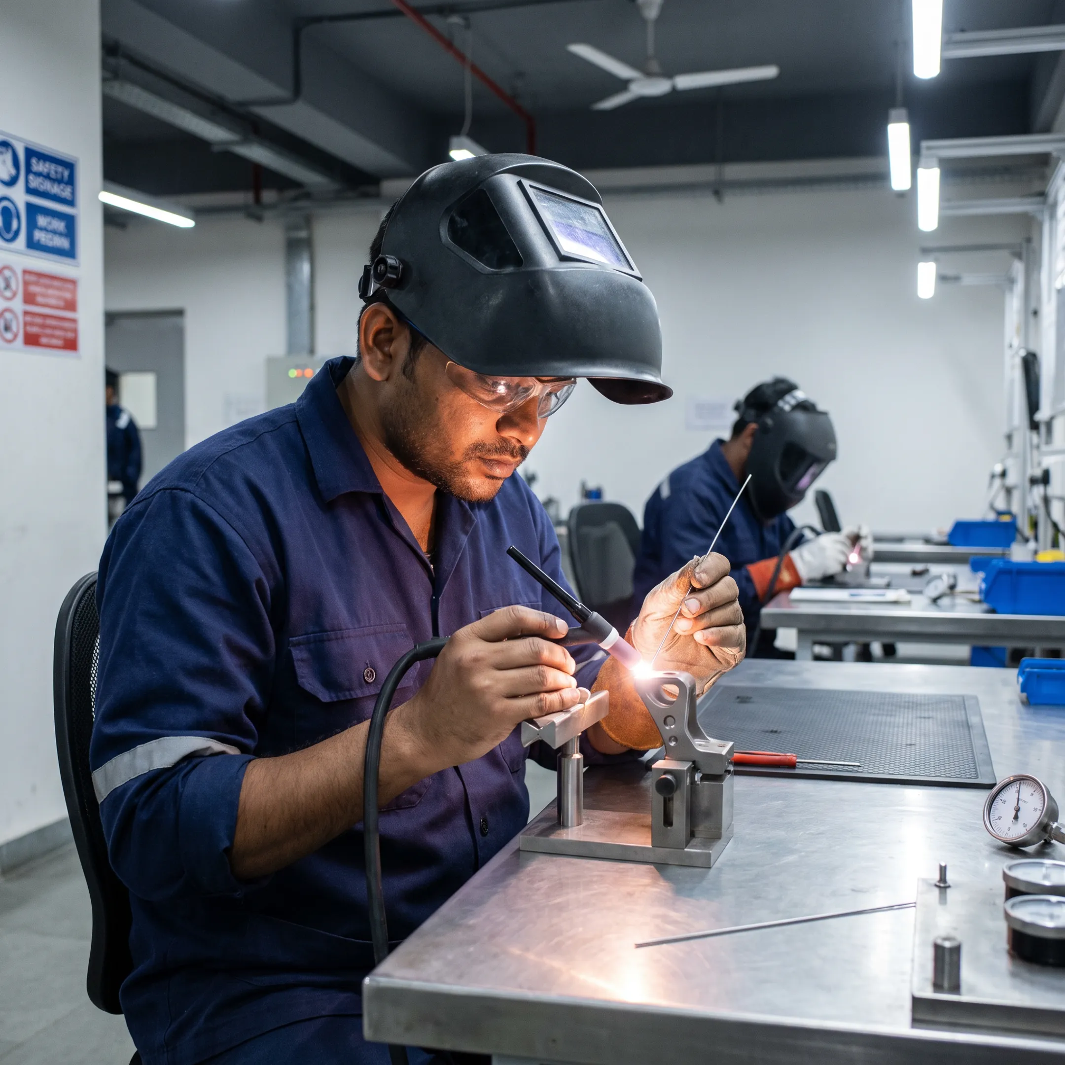 Technician TIG welding an aerospace structural assembly
