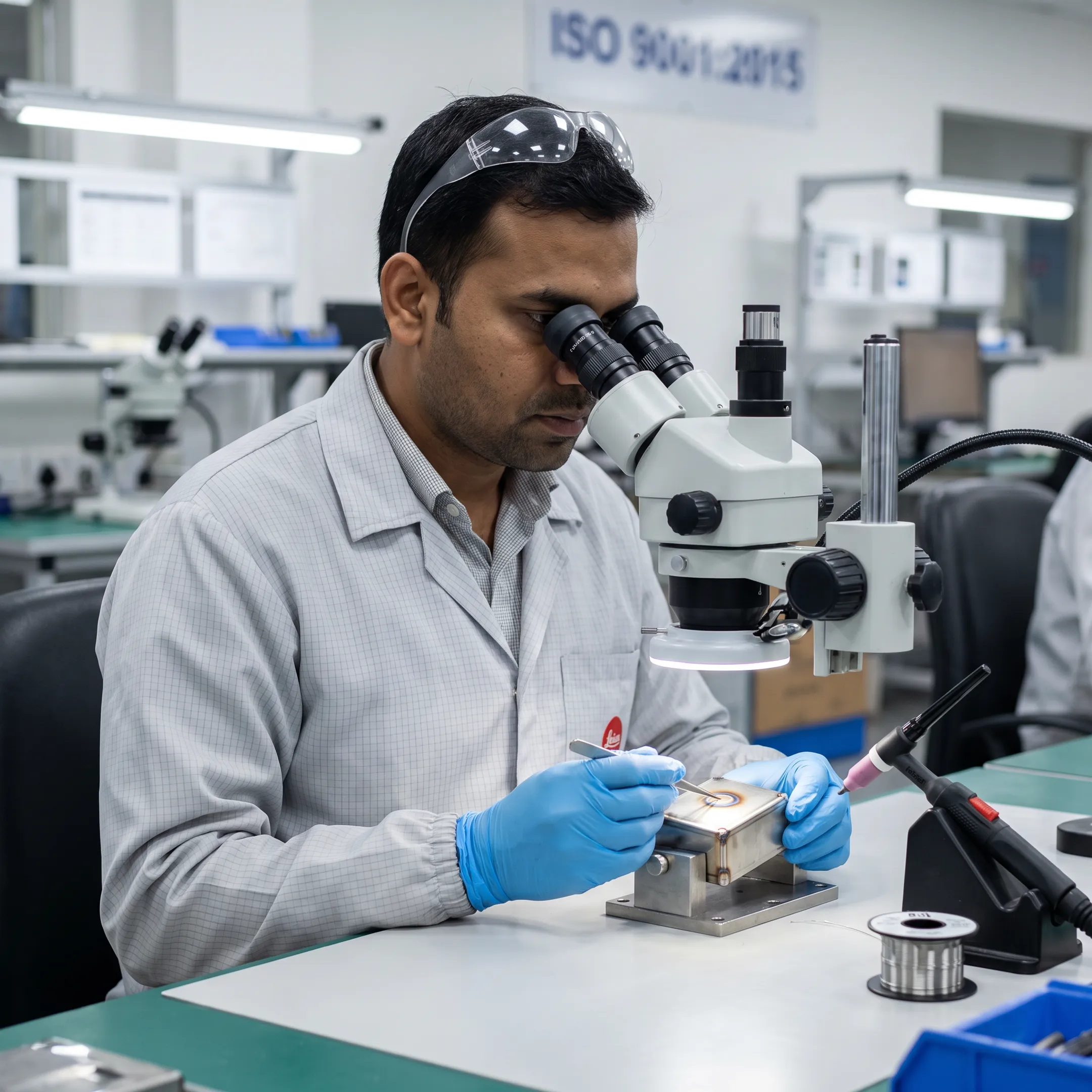 Precision welder inspecting a micro-welded electronic component