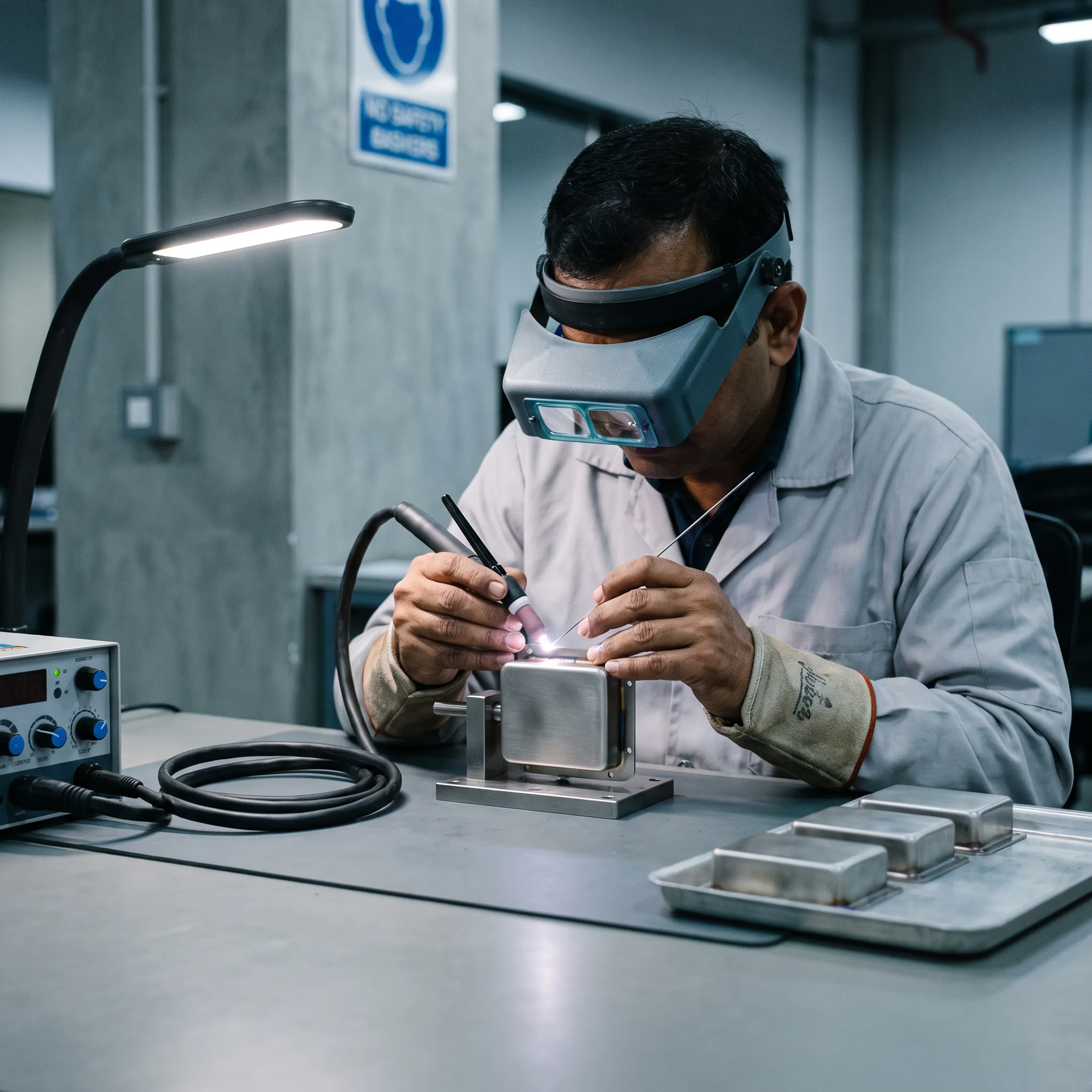 Technician performing Micro TIG welding on a precision electronic assembly