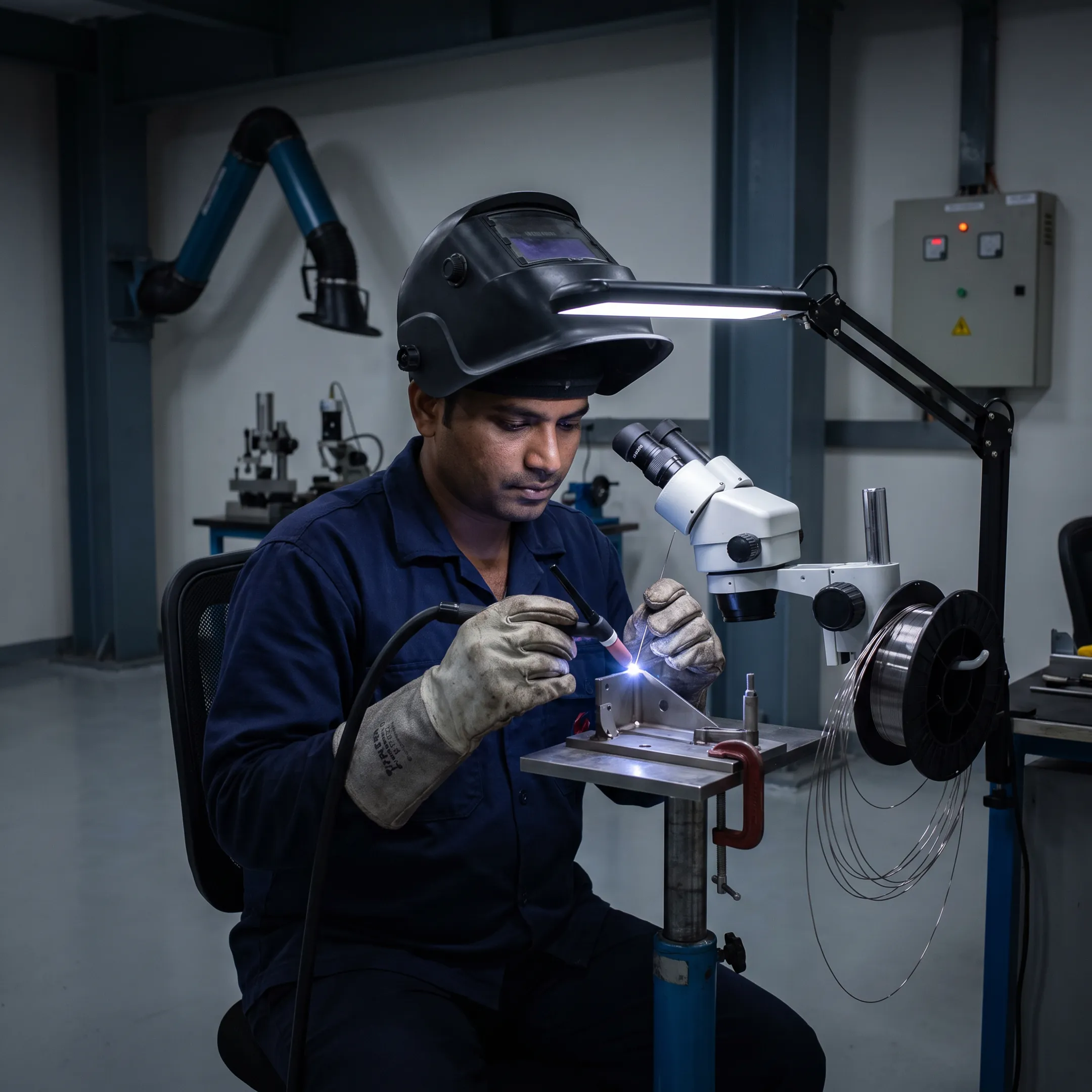Technician welding a titanium aerospace component