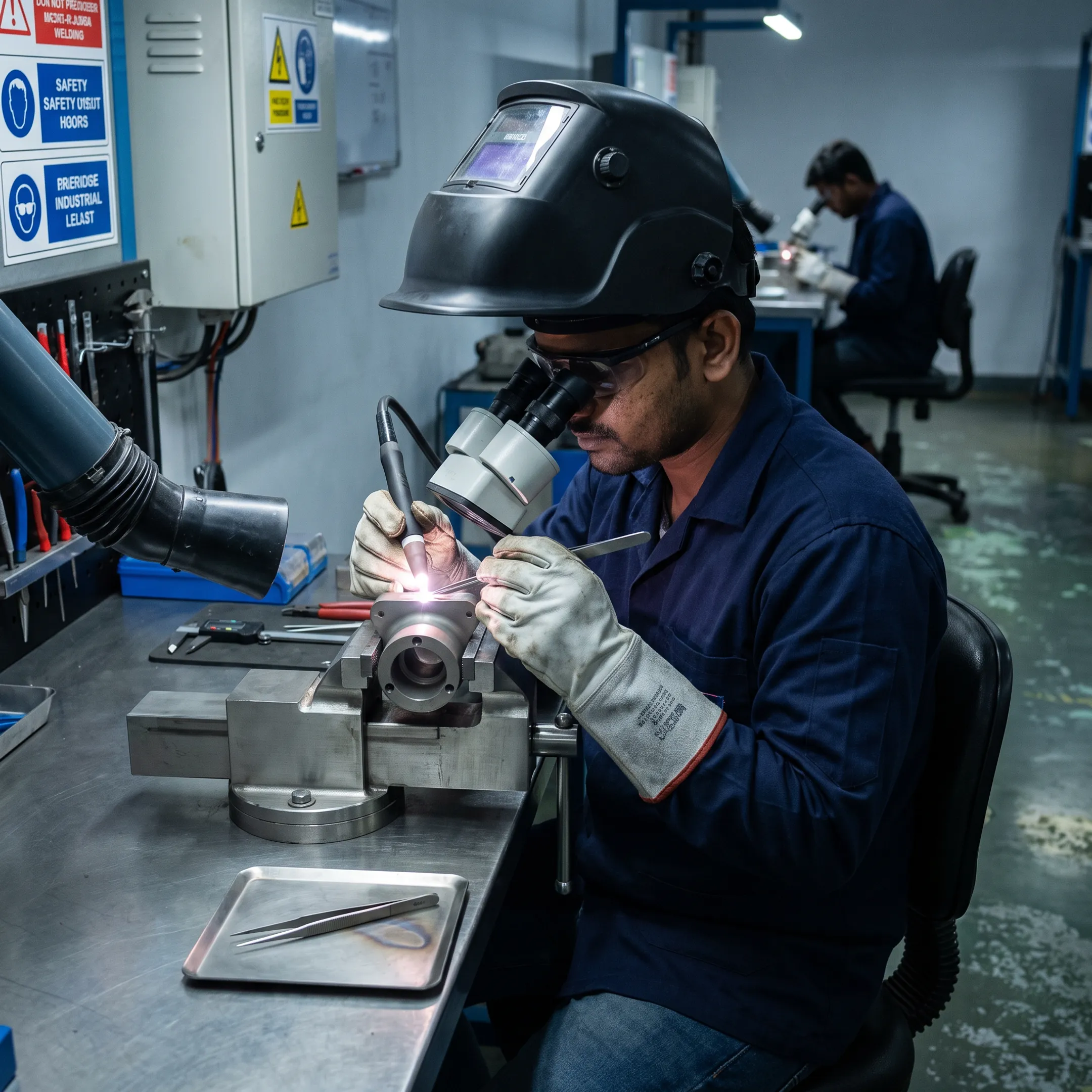 Technician plasma welding an aerospace alloy component