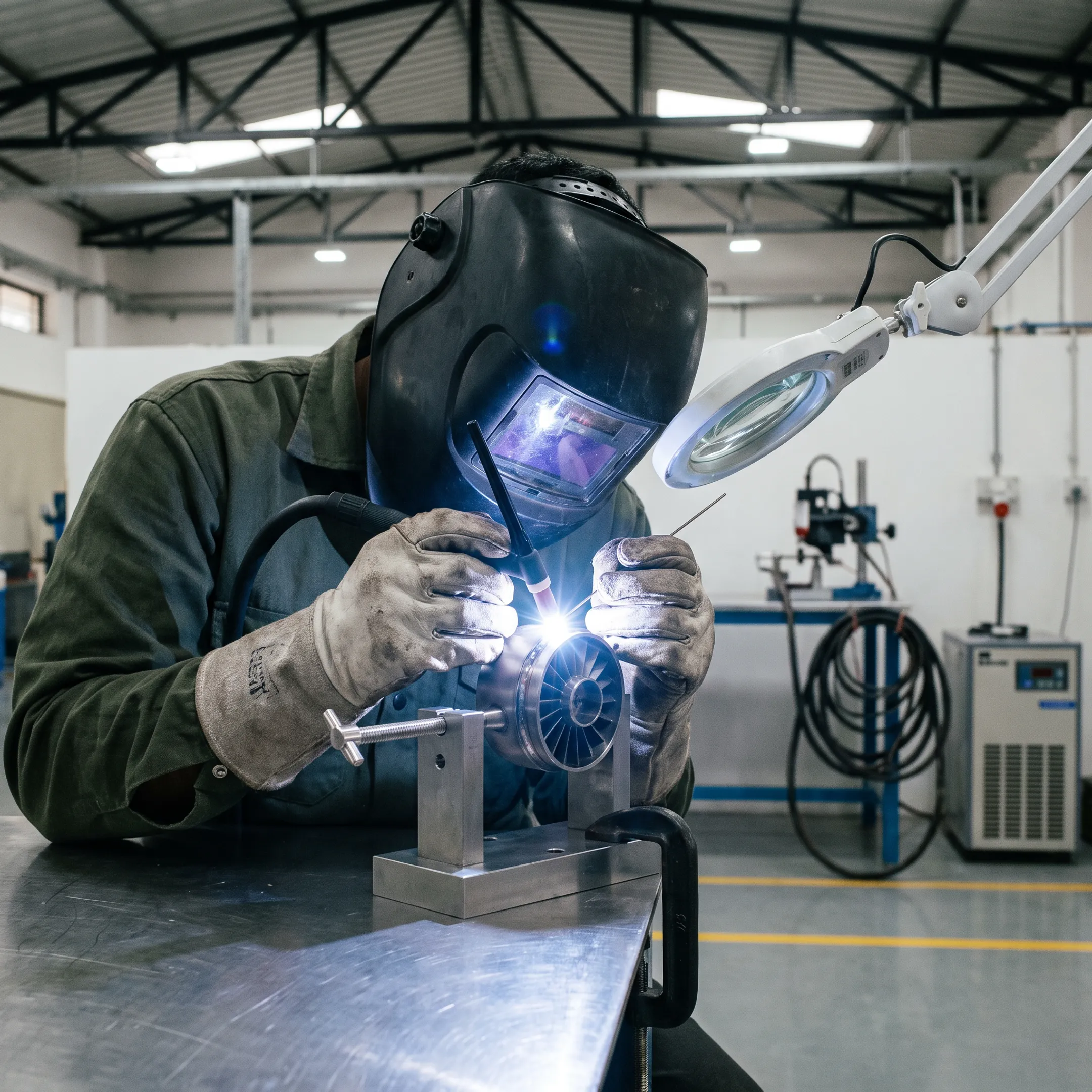 Technician precision welding a jet engine component