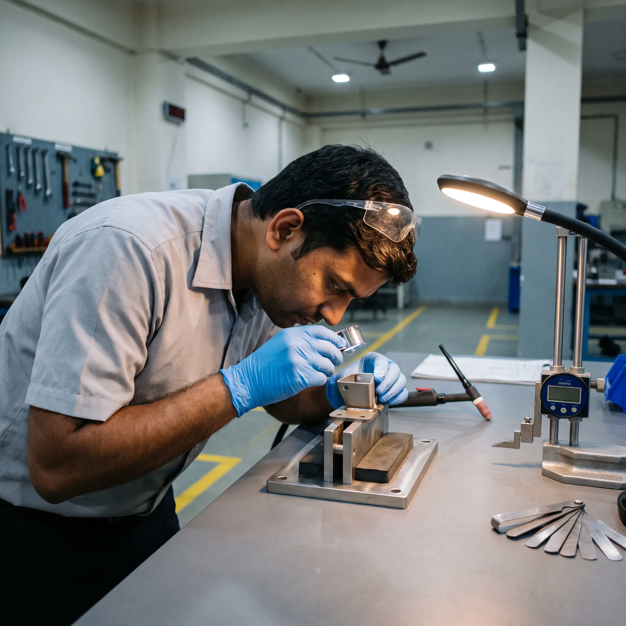 Engineer inspecting precision weld joint