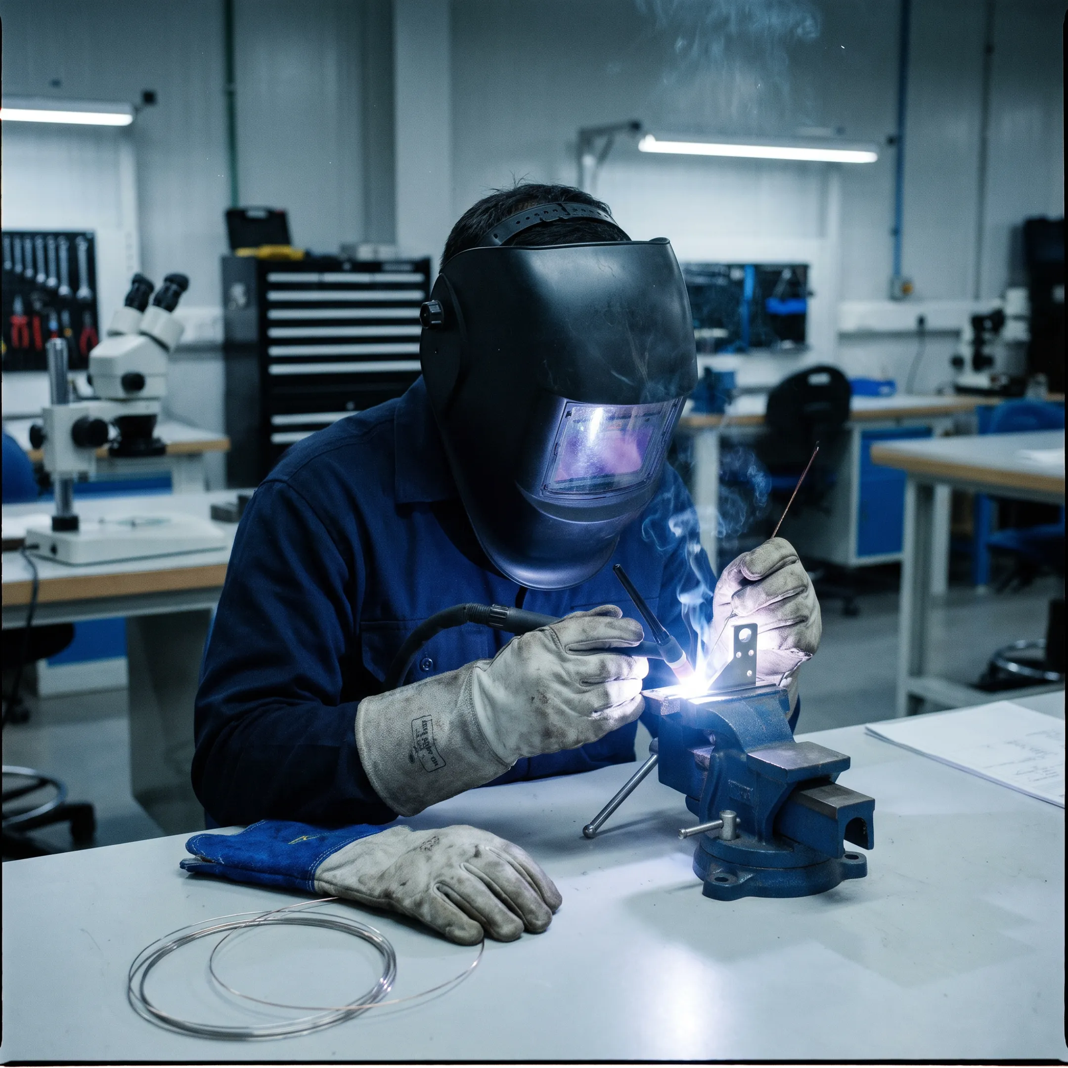 Technician precision welding aerospace component