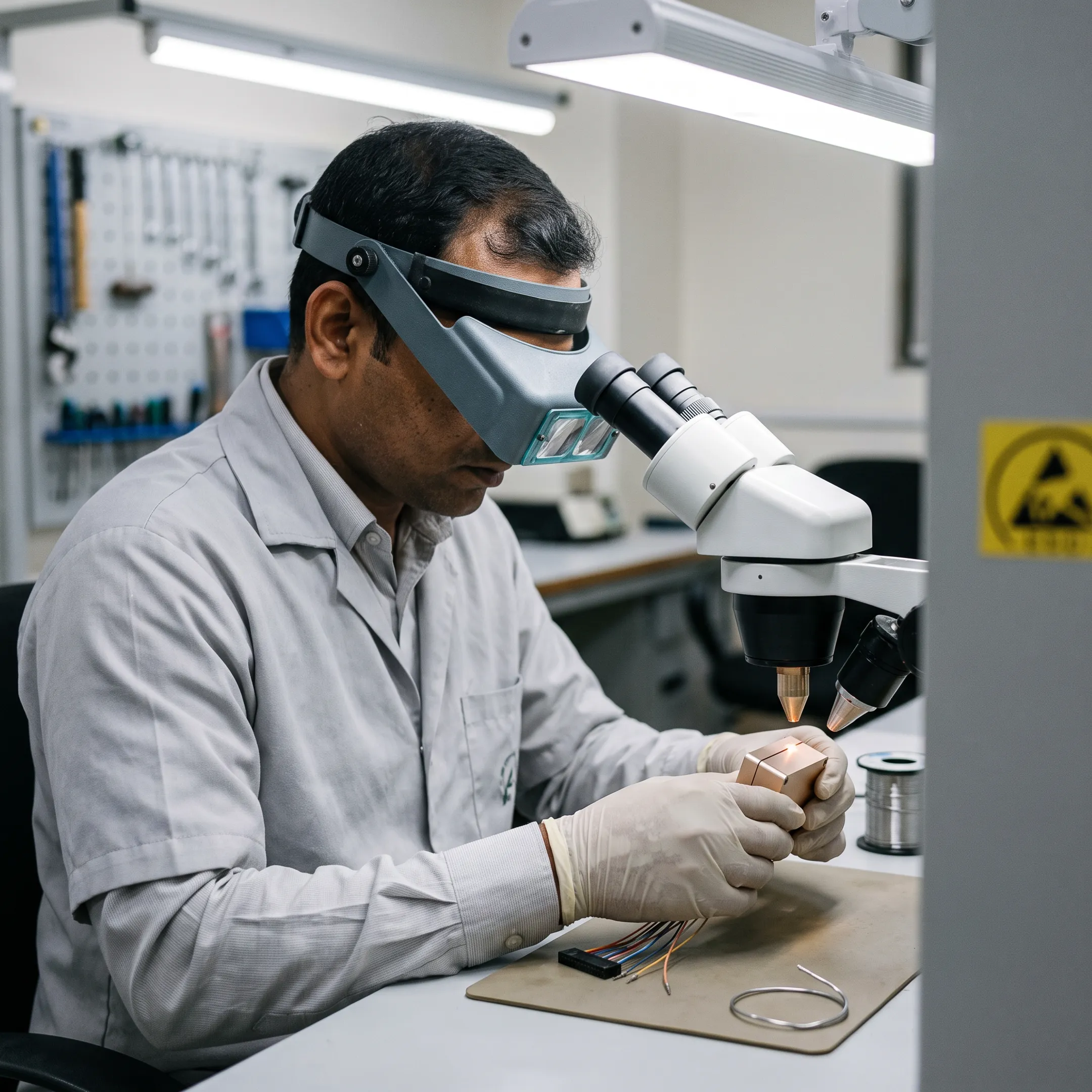 Technician micro laser welding an aerospace electronics housing