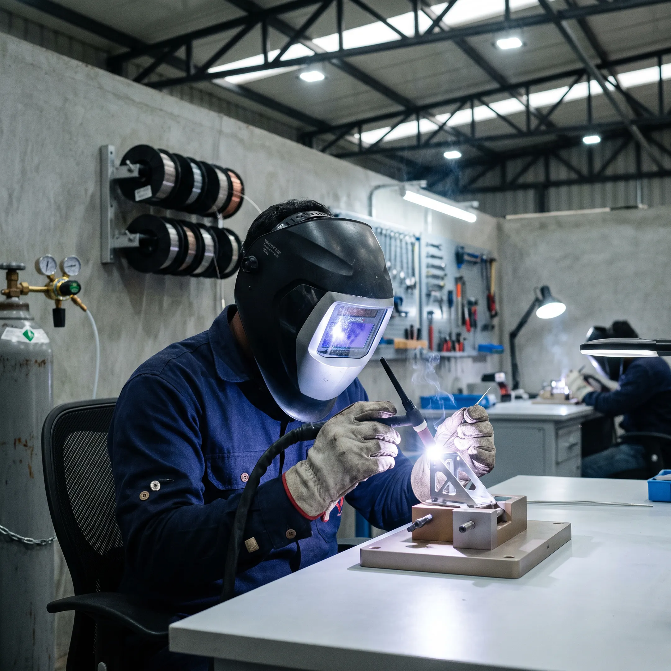 Technician TIG welding an aircraft structural component
