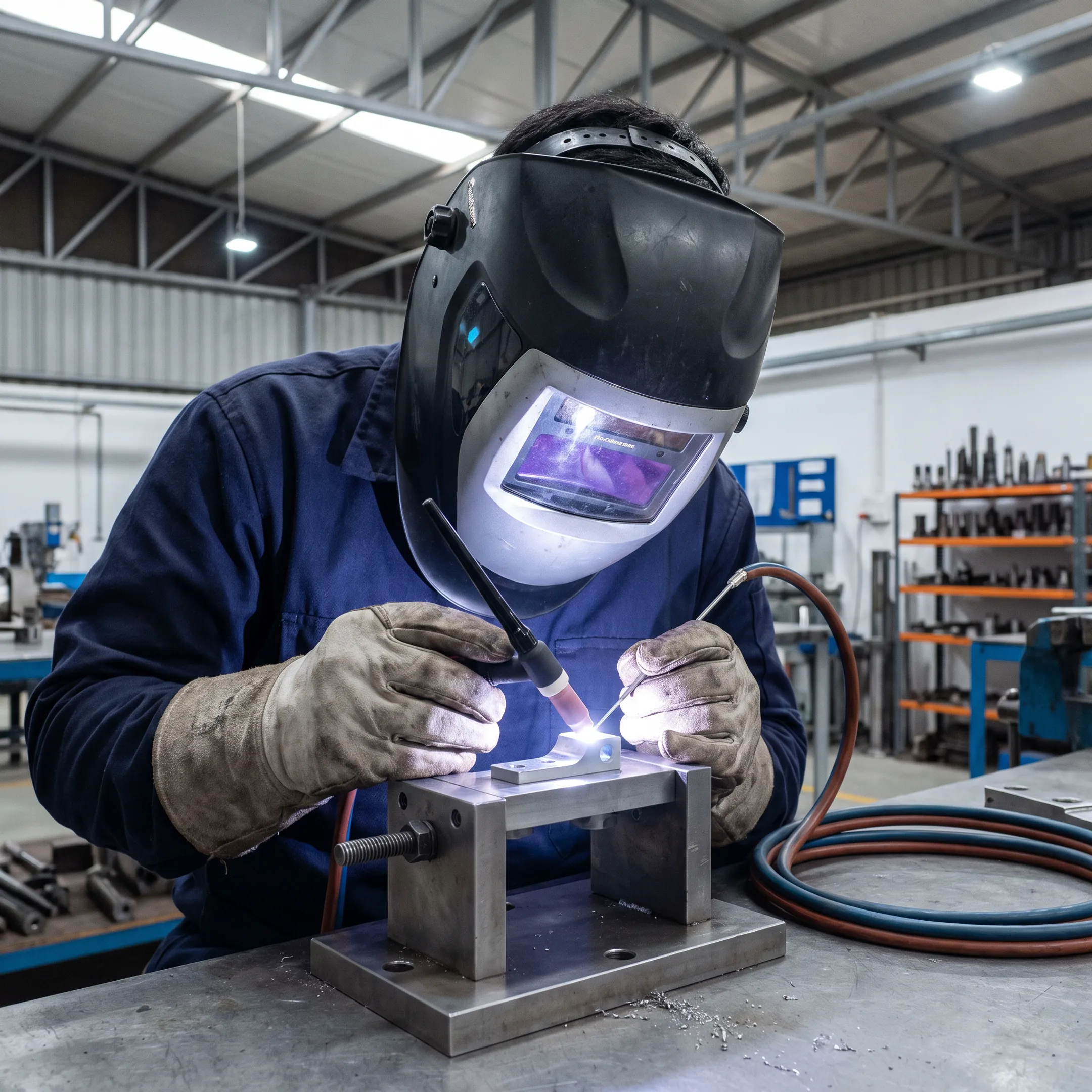 Technician precision welding an aerospace landing gear component