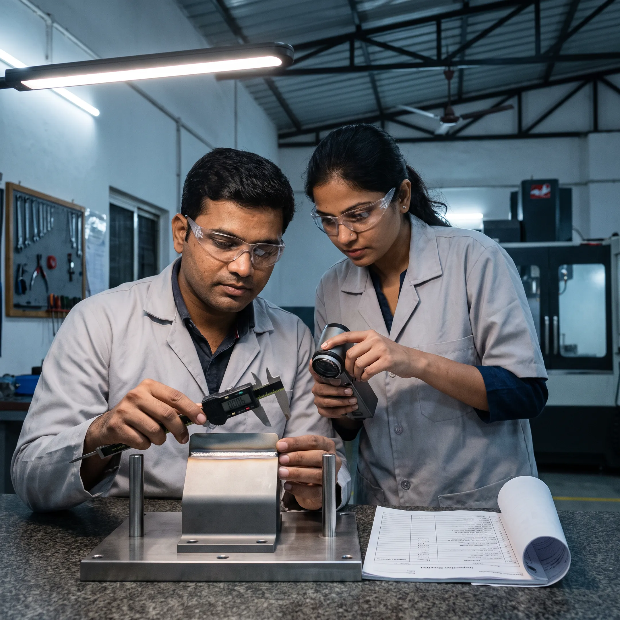 Engineers inspecting a precision aerospace weld