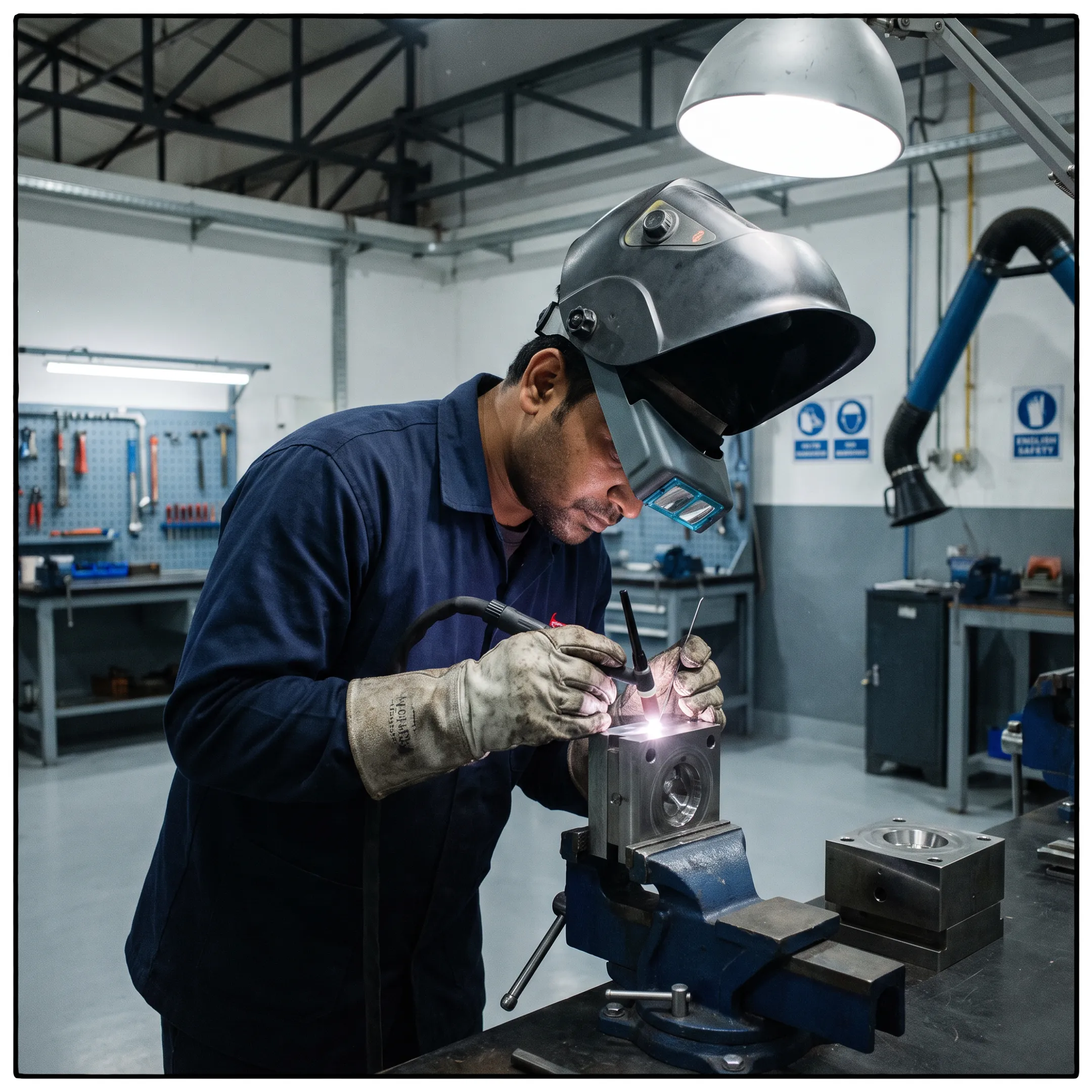 Technician performing precision welding on a metal component