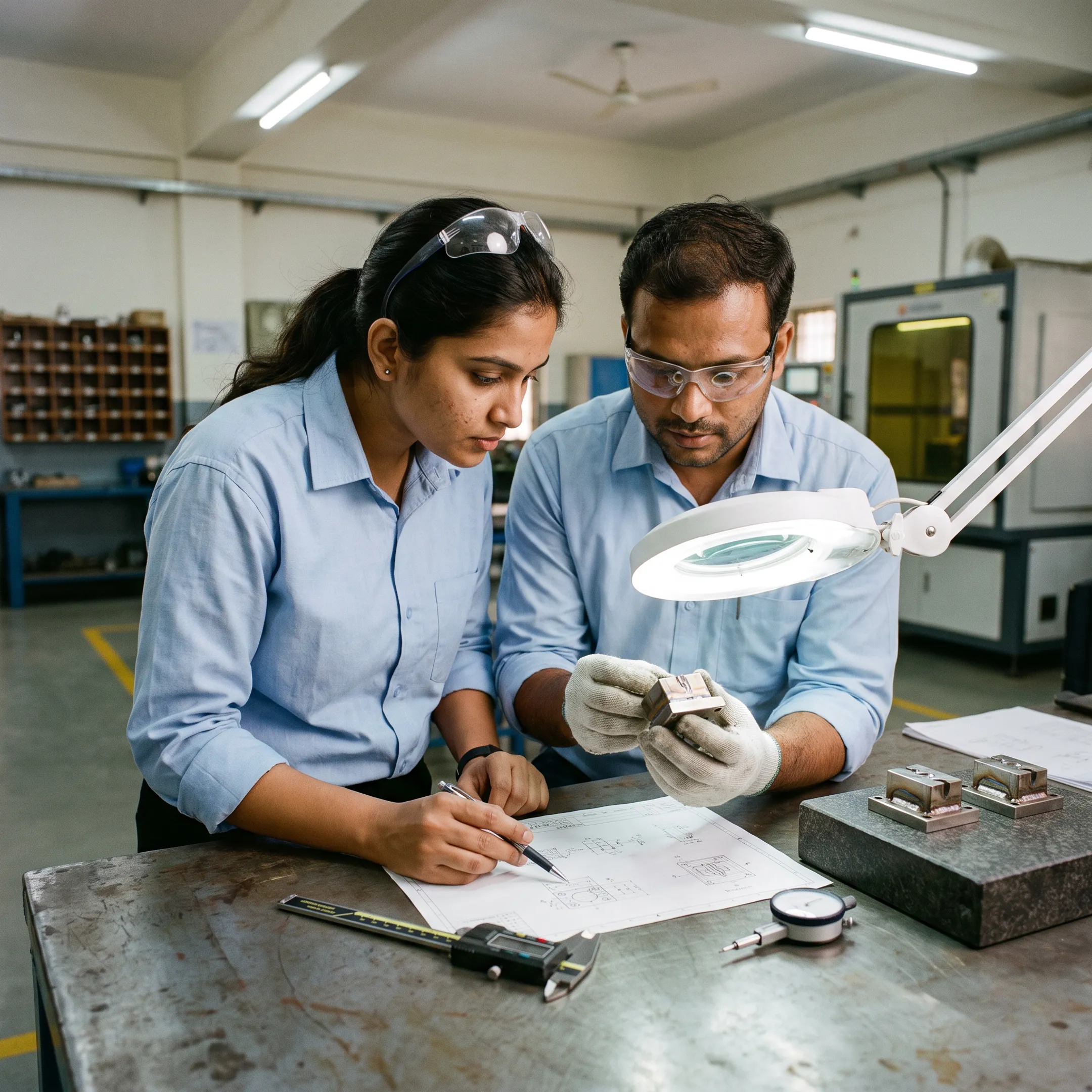 Engineer reviewing welded prototype components