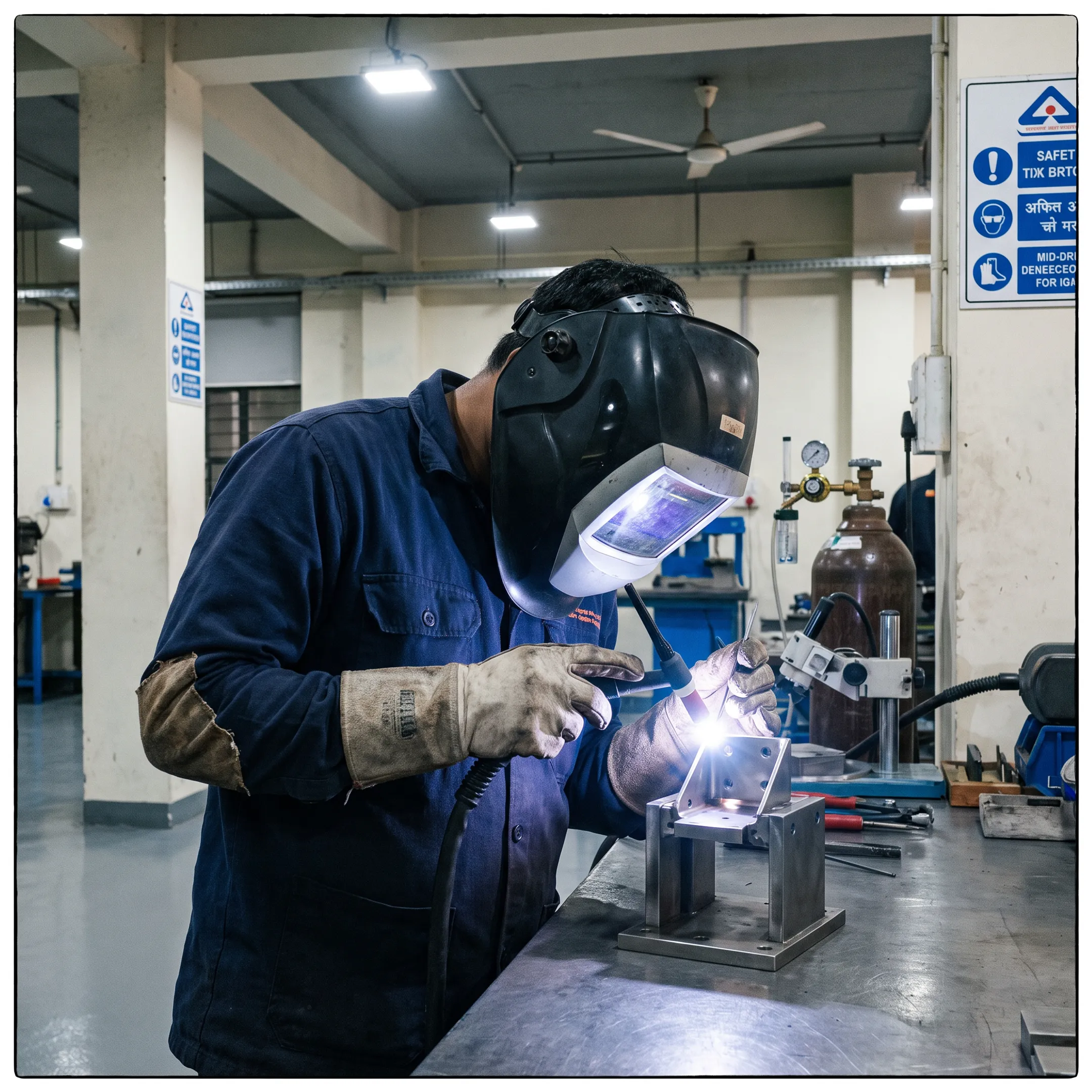 Technician TIG welding a titanium defence component