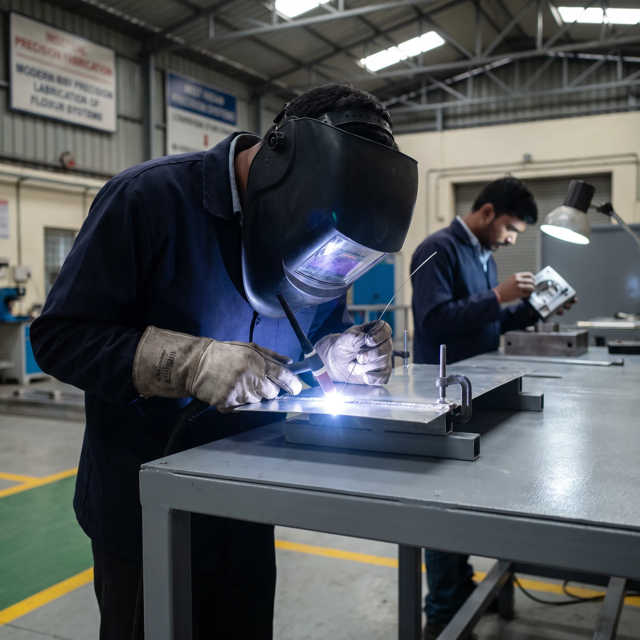 Technician TIG welding an aluminum aircraft panel