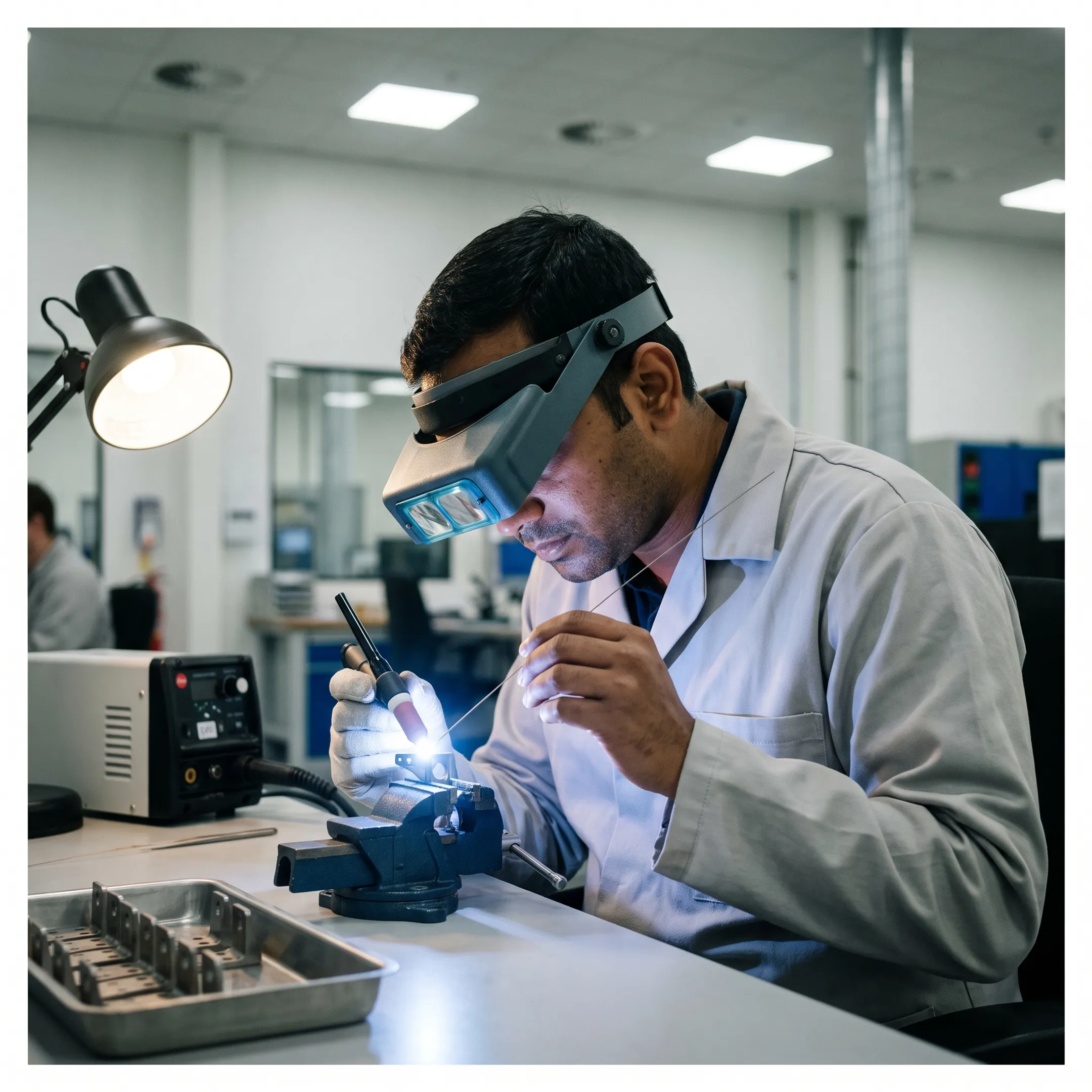 Engineer inspecting a precision aerospace weld