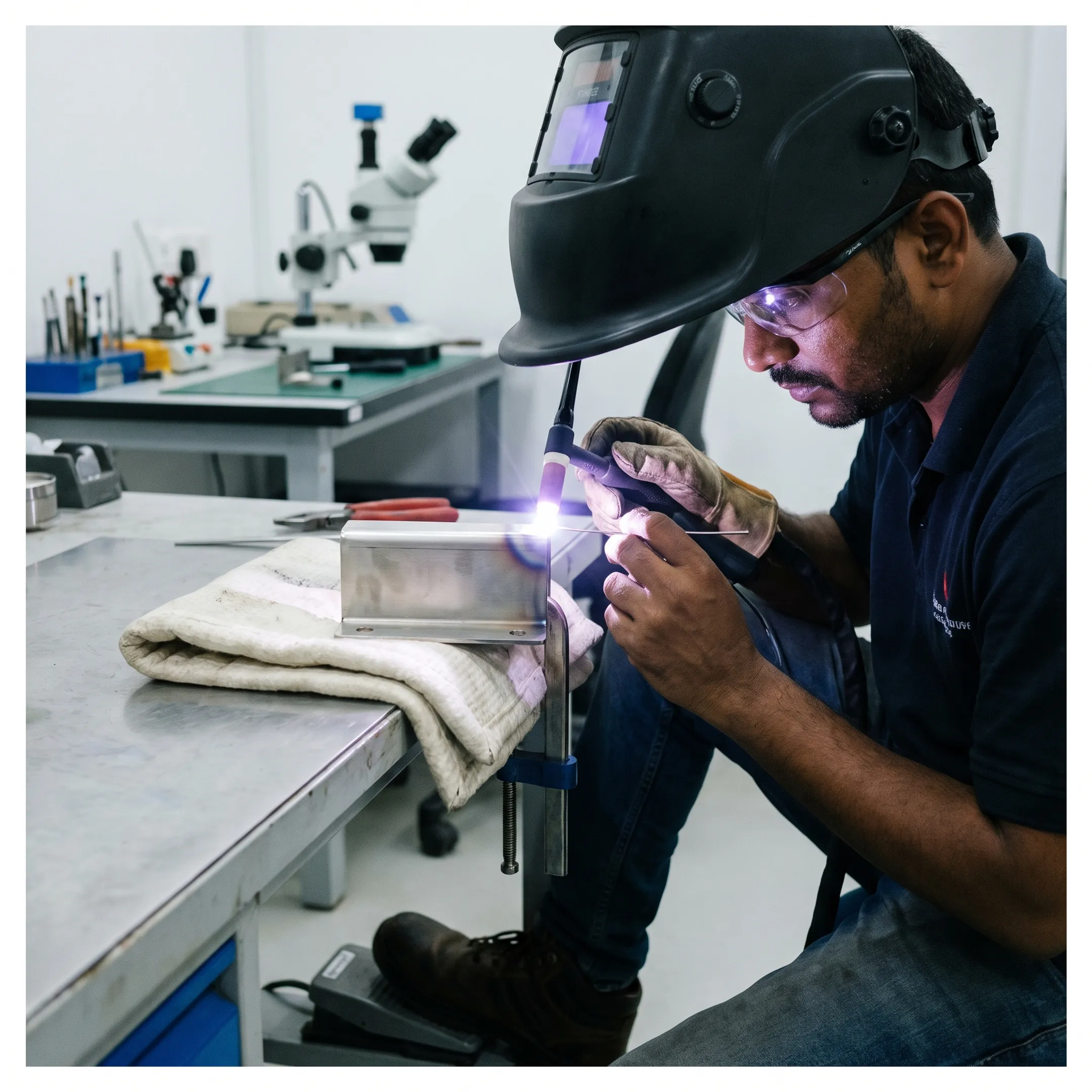 Technician welding a stainless steel naval component