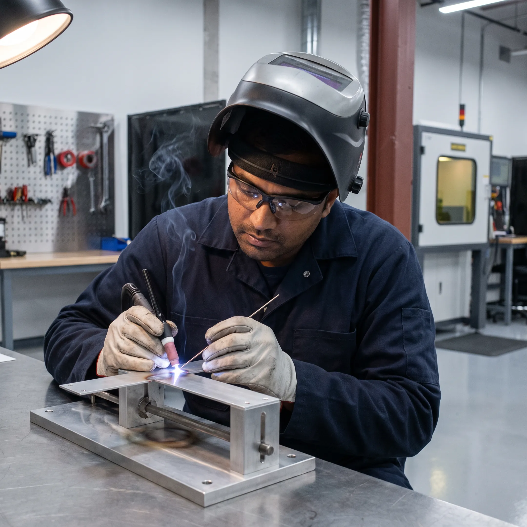 Technician welding an aerospace aluminum assembly