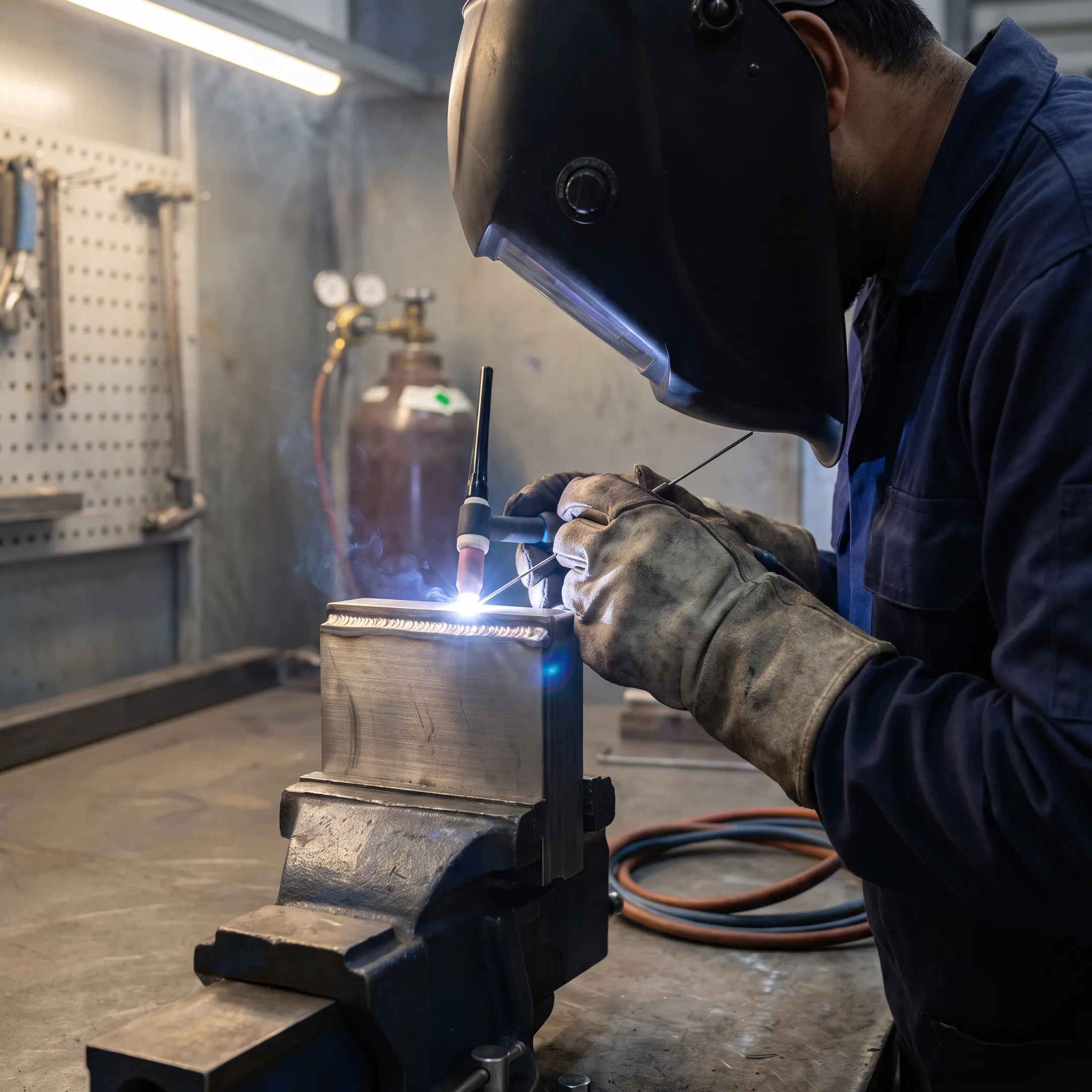 Close-up TIG welding on a precision metal assembly