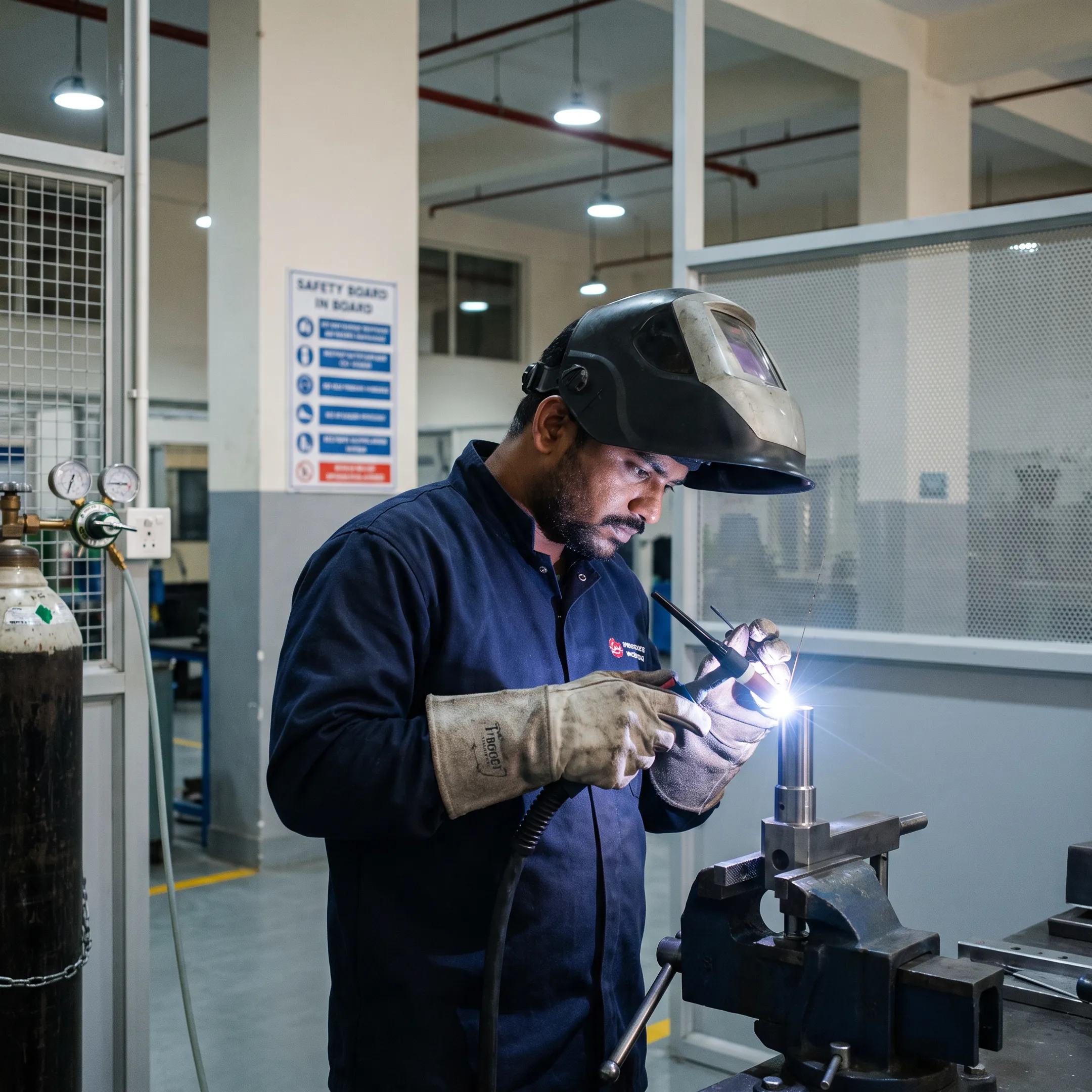 Technician TIG welding a heavy chassis component