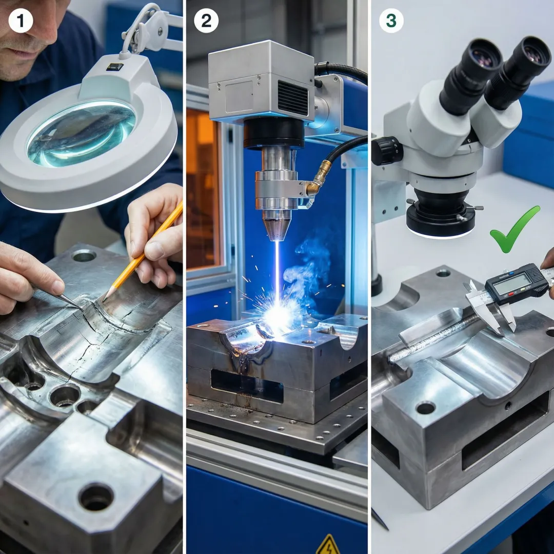 Step-by-step mold repair process in professional workshop